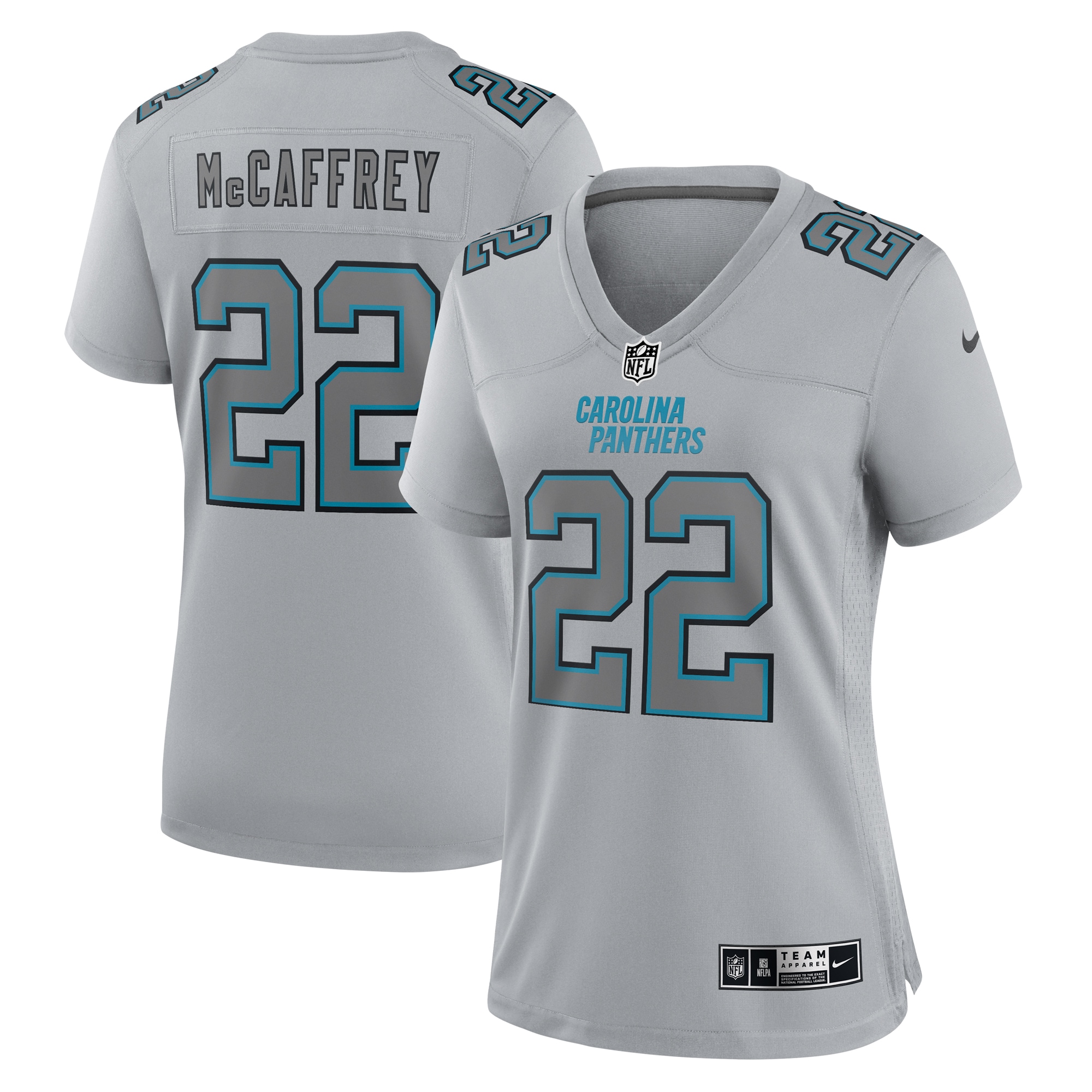 Christian McCaffrey Carolina Panthers Nike Women's Atmosphere Fashion Game Jersey - Gray - vstockx