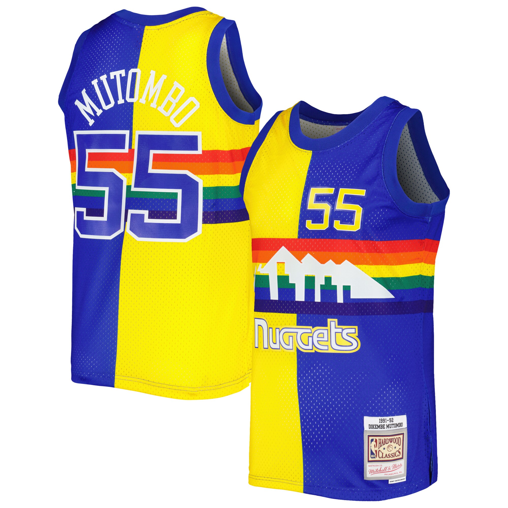 Dikembe Mutombo Denver Nuggets Mitchell & Ness Hardwood Classics 1991/92 Split Swingman Jersey - Royal/Gold - vstockx