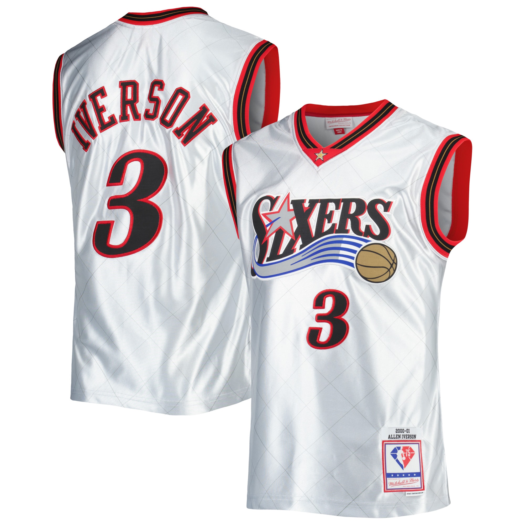 Allen Iverson Philadelphia 76ers Mitchell & Ness 2000/01 Hardwood Classics 75th Anniversary Swingman Jersey - Platinum - vstockx