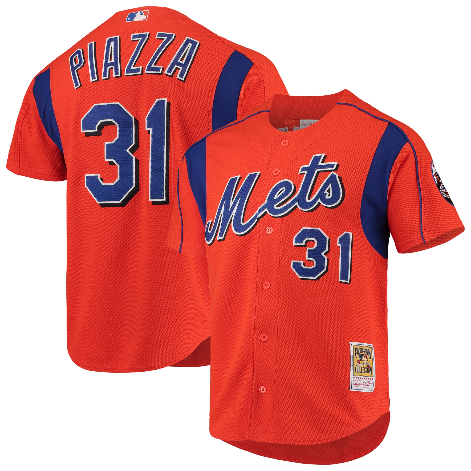 Mike Piazza New York Mets Mitchell & Ness Cooperstown Collection Mesh Batting Practice Button-Up Jersey - Orange - vstockx