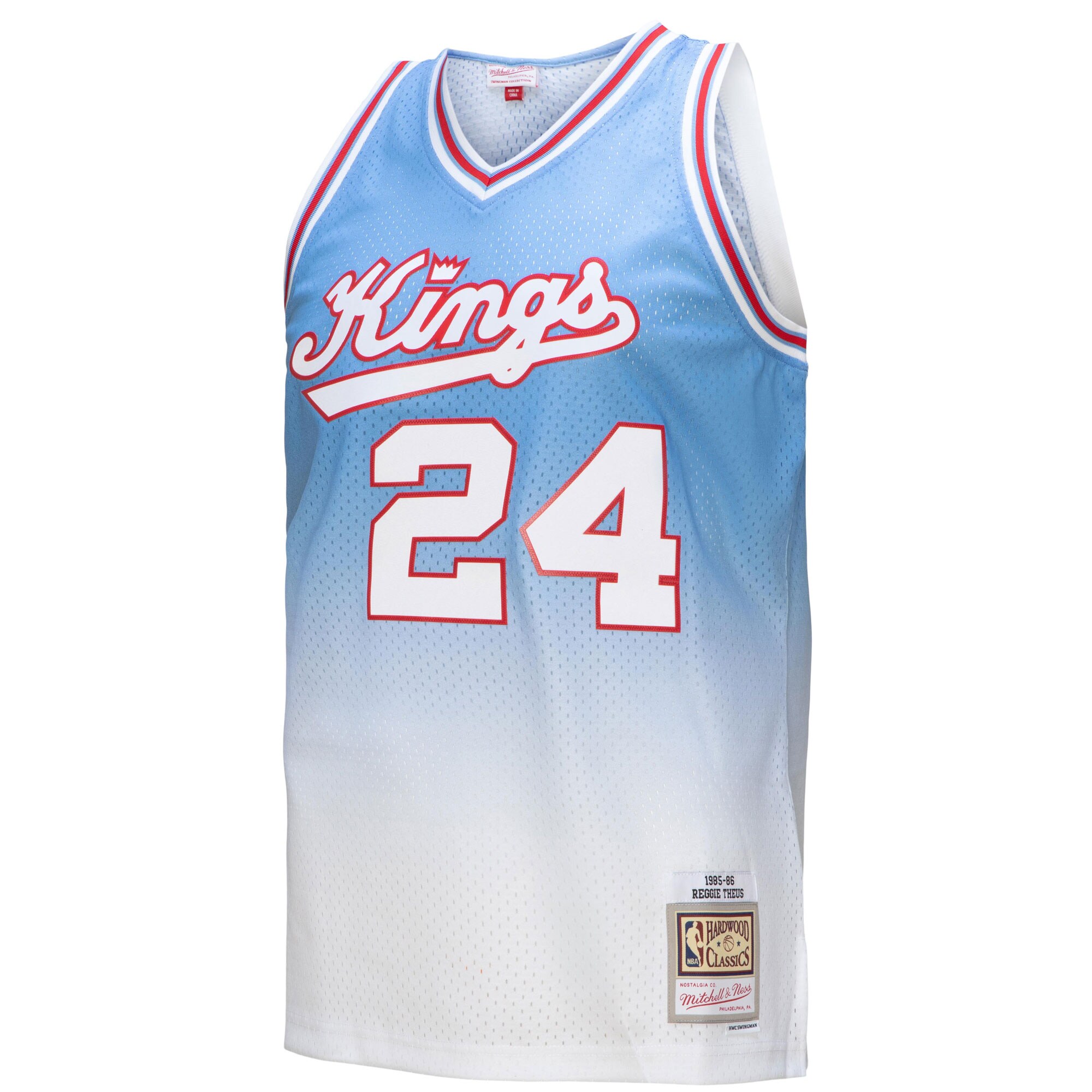 Reggie Theus Sacramento Kings Mitchell & Ness 1985/86 Hardwood Classics Fadeaway Swingman Player Jersey - White/Light Blue - vstockx