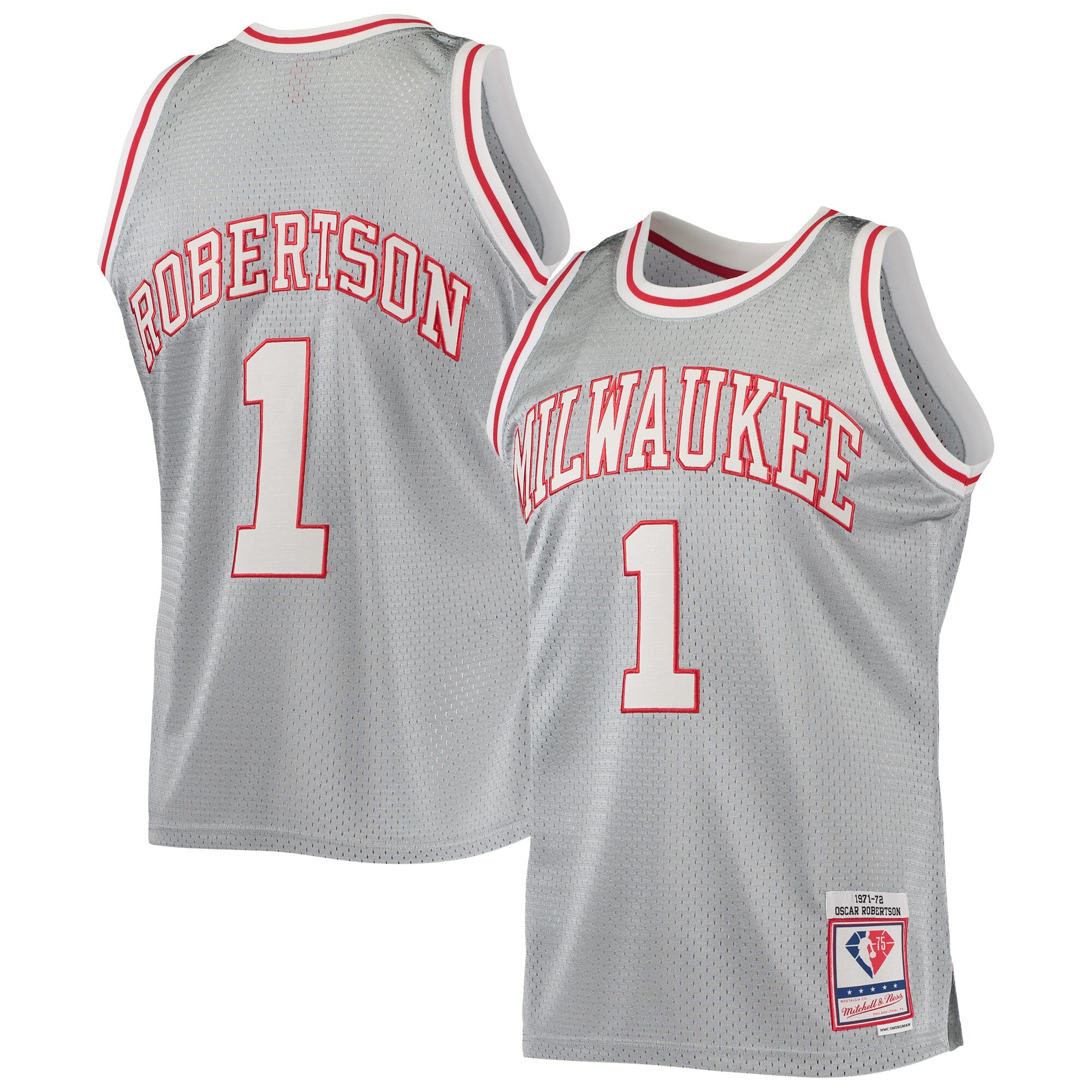 Oscar Robertson Milwaukee Bucks Mitchell & Ness 75th Anniversary 1971/72 Hardwood Classics Swingman Jersey - Silver - vstockx
