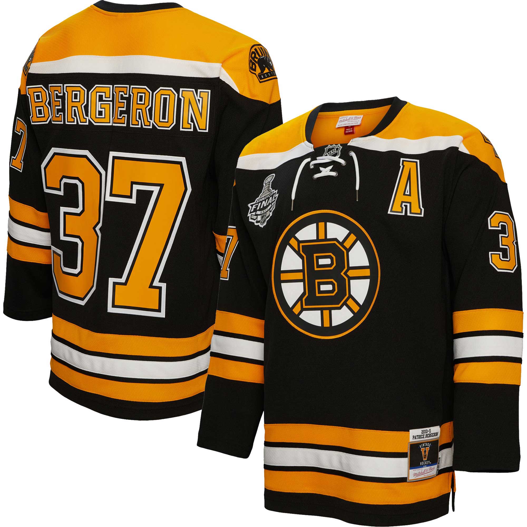 Patrice Bergeron Boston Bruins Mitchell & Ness 2010/11 Alternate Captain Patch Blue Line Player Jersey - Black - vstockx