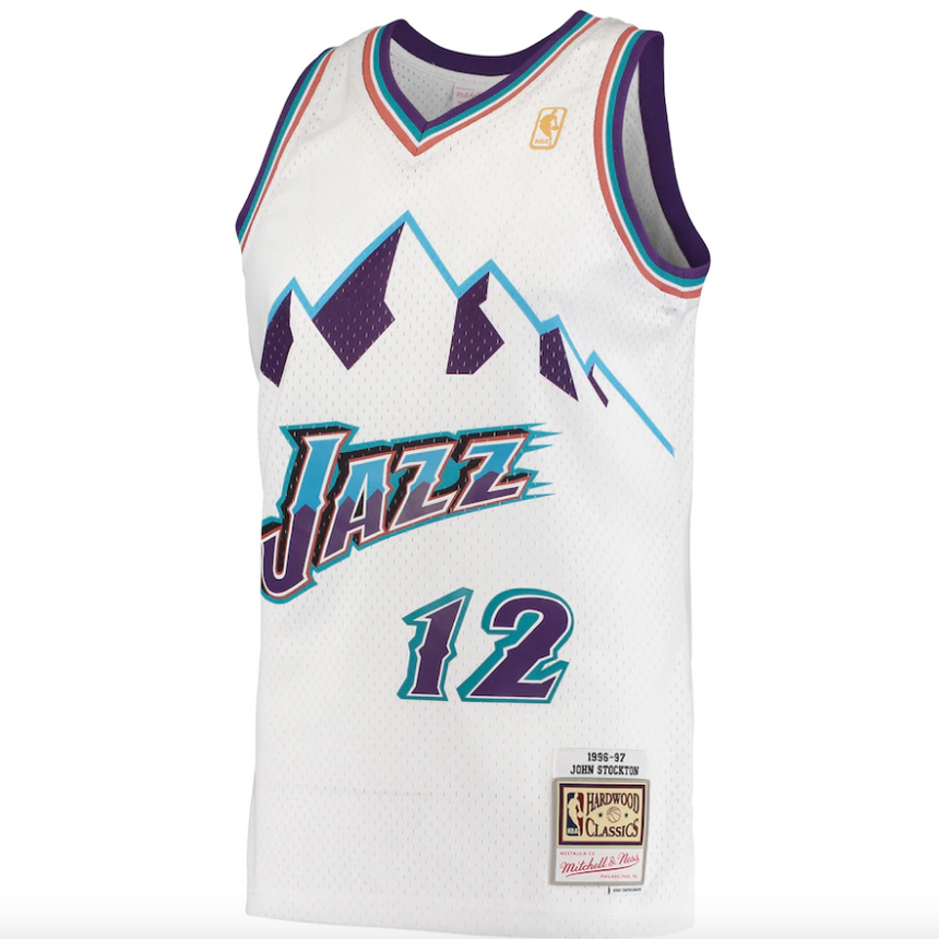Men's Mitchell & Ness John Stockton Utah Jazz White 1996-97 Hardwood Classics Swingman Jersey - vstockx