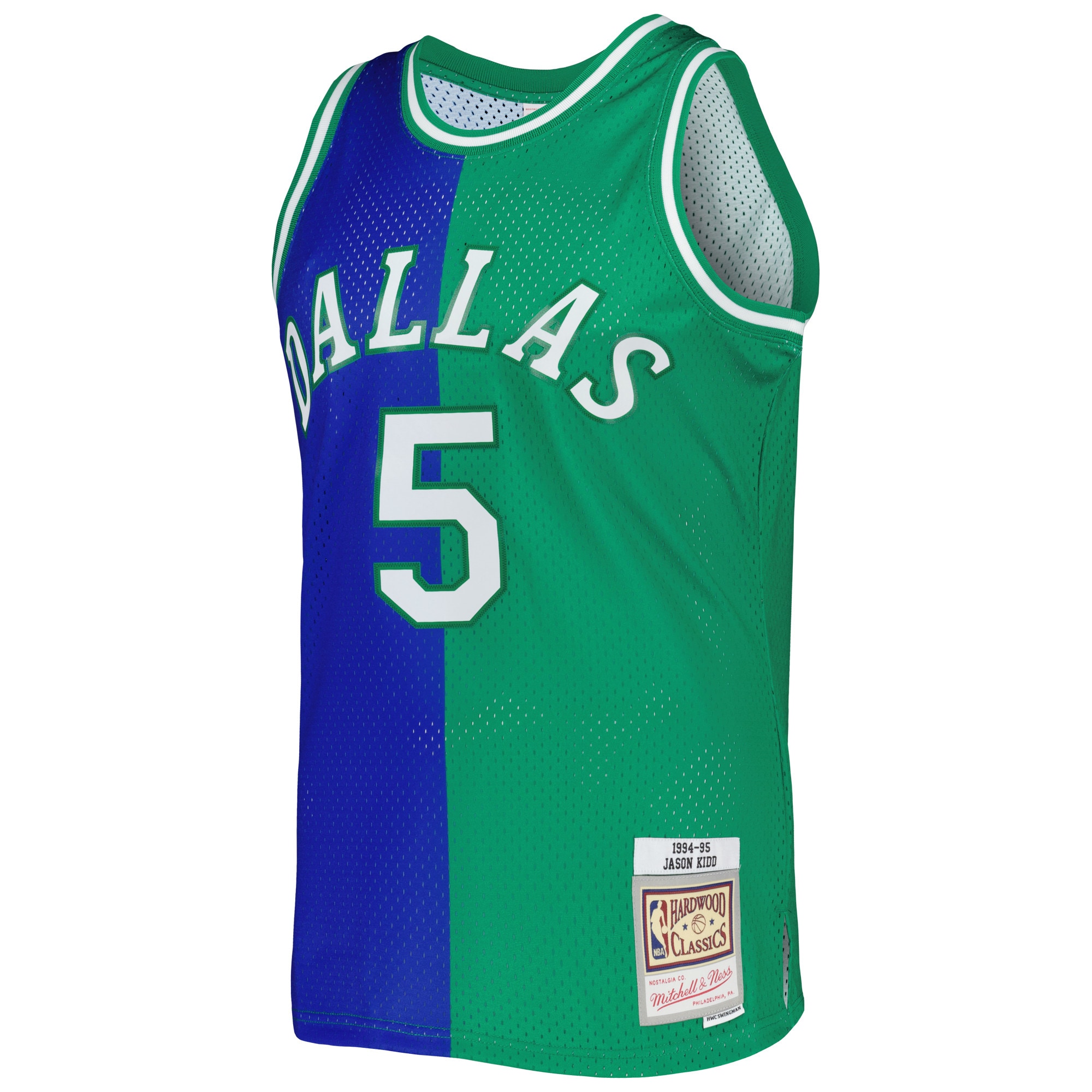 Jason Kidd Dallas Mavericks Mitchell & Ness Hardwood Classics 1994/95 Split Swingman Jersey - Blue/Green - vstockx