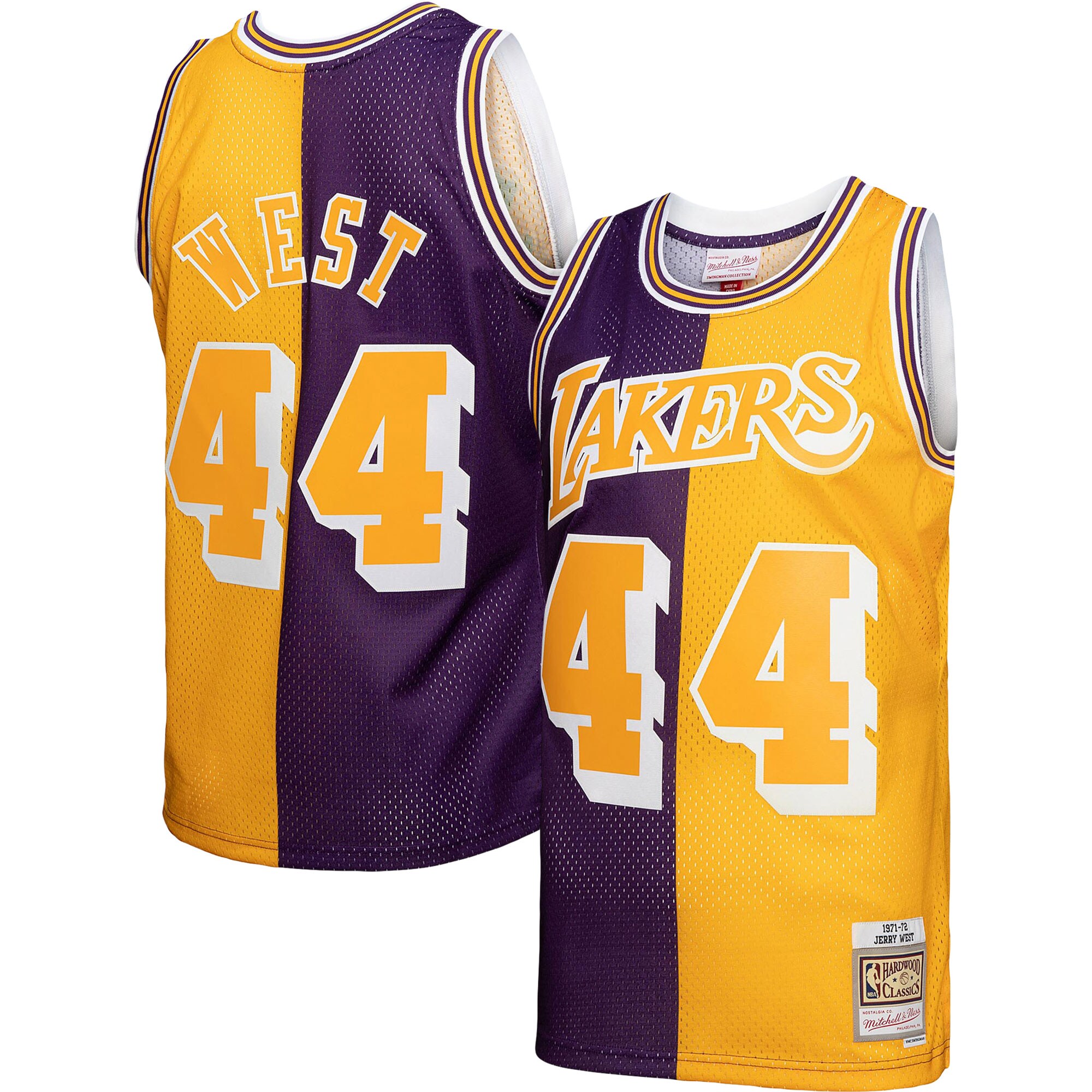 Jerry West Los Angeles Lakers Mitchell & Ness Hardwood Classics 1971/72 Split Swingman Jersey - Purple/Gold - vstockx