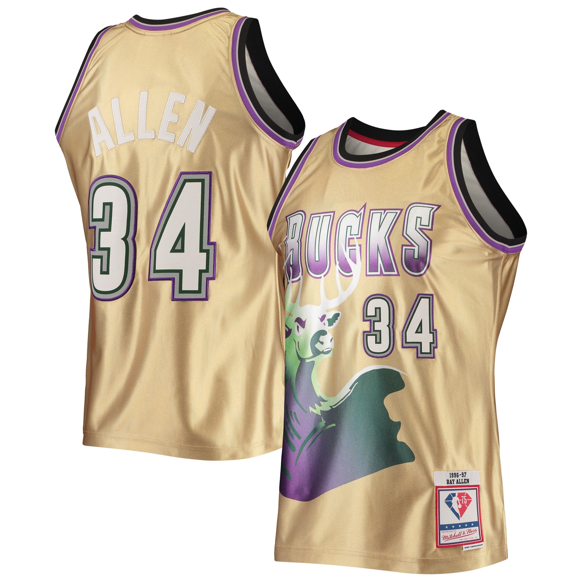 Ray Allen Milwaukee Bucks Mitchell & Ness 75th Anniversary 1996/97 Hardwood Classics Swingman Jersey - Gold - vstockx