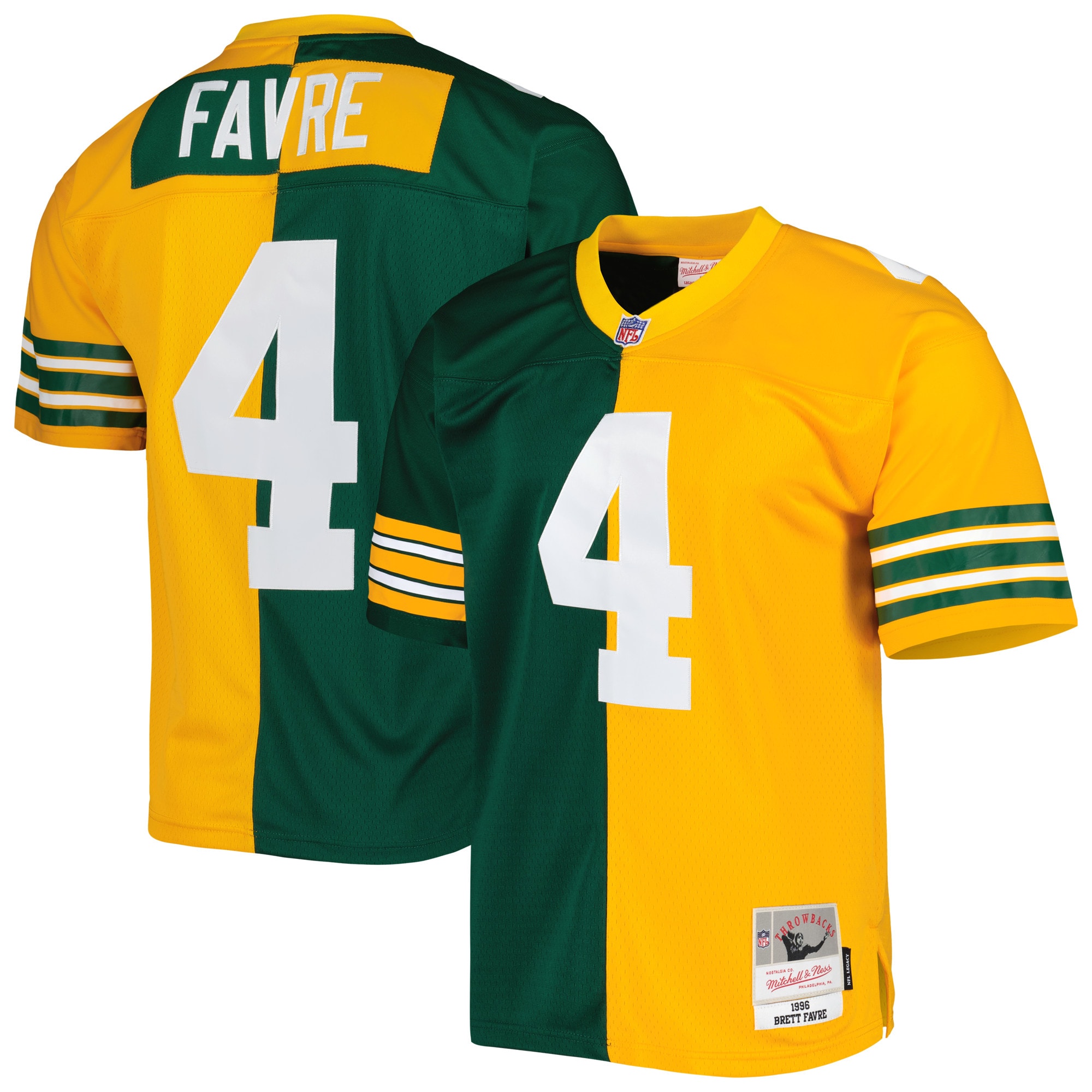 Brett Favre Green Bay Packers Mitchell & Ness 1996 Split Legacy Replica Jersey - Green/Gold - vstockx