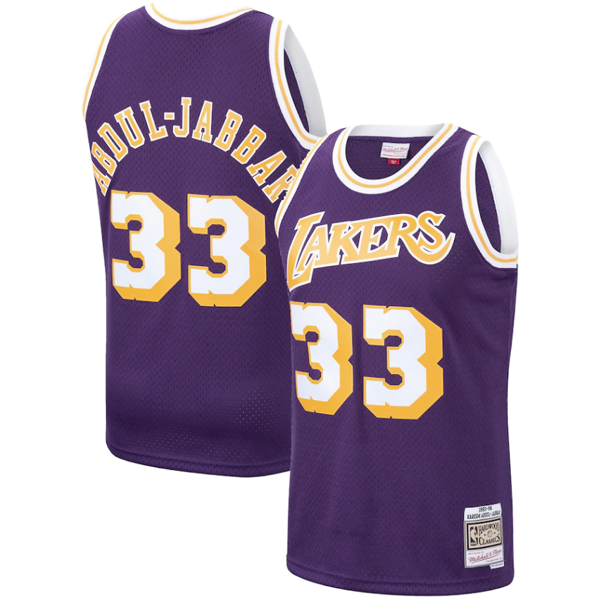 Men's Los Angeles Lakers Kareem Abdul-Jabbar Mitchell & Ness Purple 1983-84 Hardwood Classics Swingman Jersey - vstockx