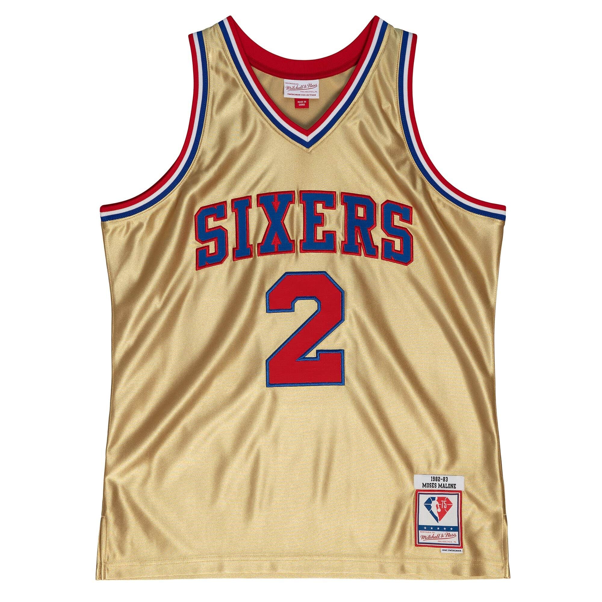 75th Anniversary Gold Swingman Moses Malone Philadelphia 76ers 1982-83 Jersey - vstockx