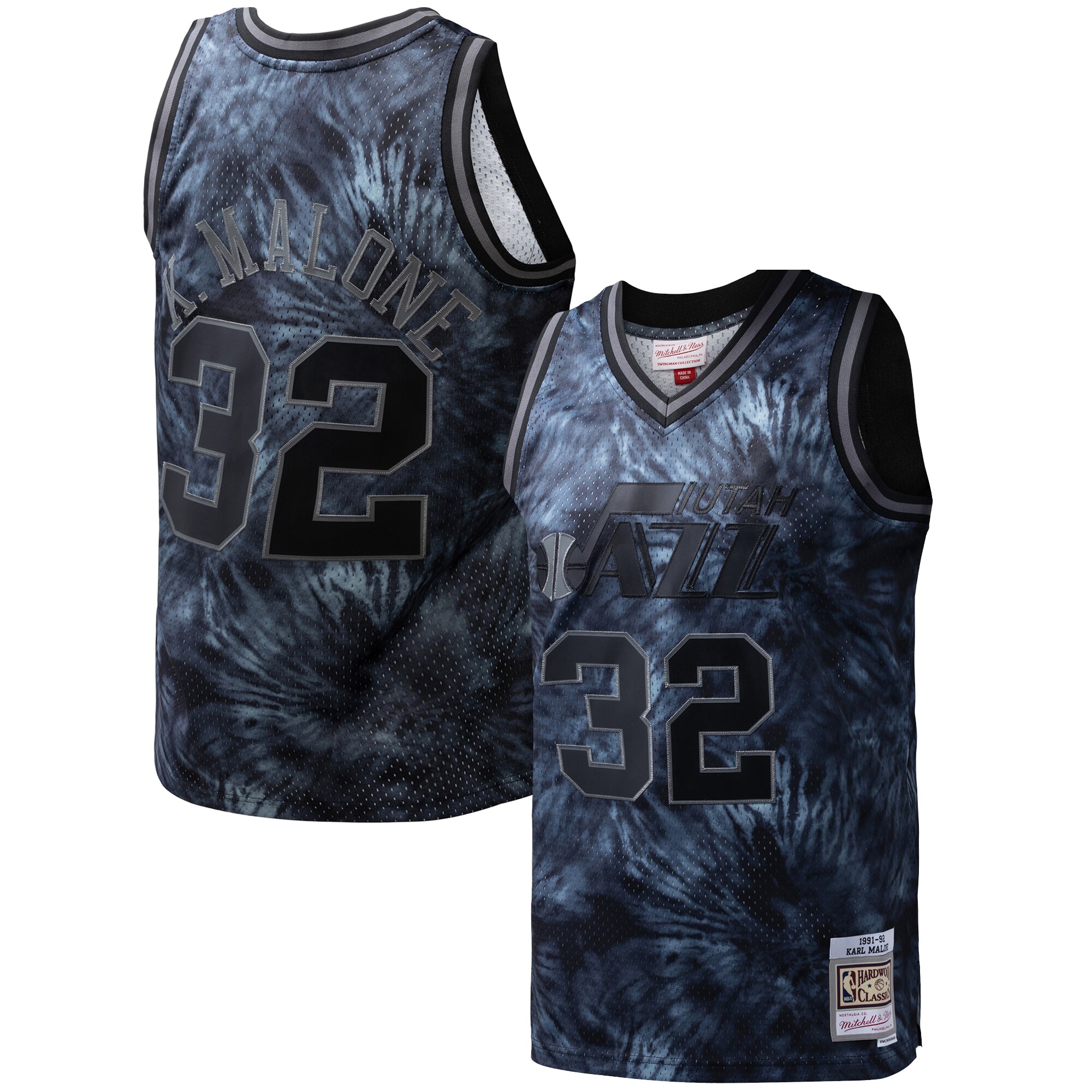 Karl Malone Utah Jazz Mitchell & Ness Hardwood Classics 1991/92 Tie-Dye Swingman Jersey - Black - vstockx