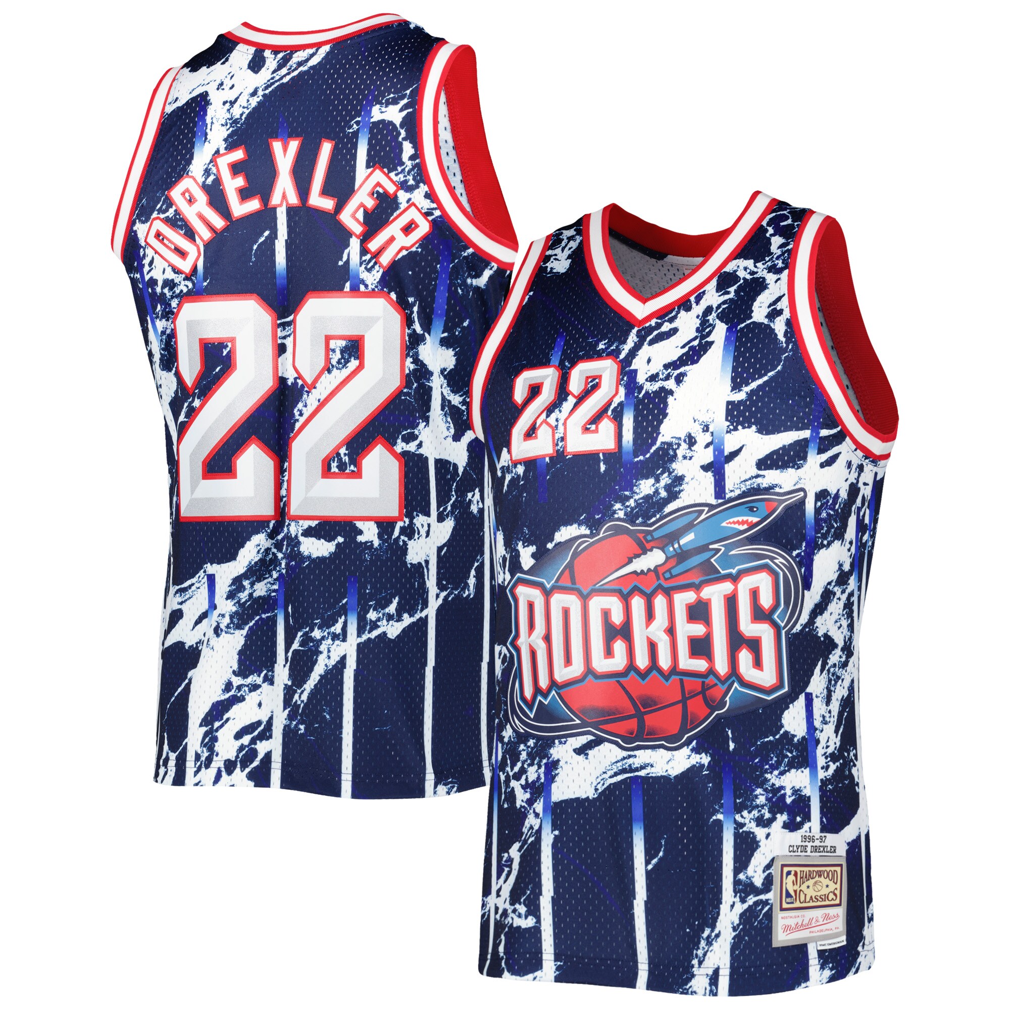 Clyde Drexler Houston Rockets Mitchell & Ness 1996/97 Hardwood Classics Marble Swingman Jersey - Navy - vstockx
