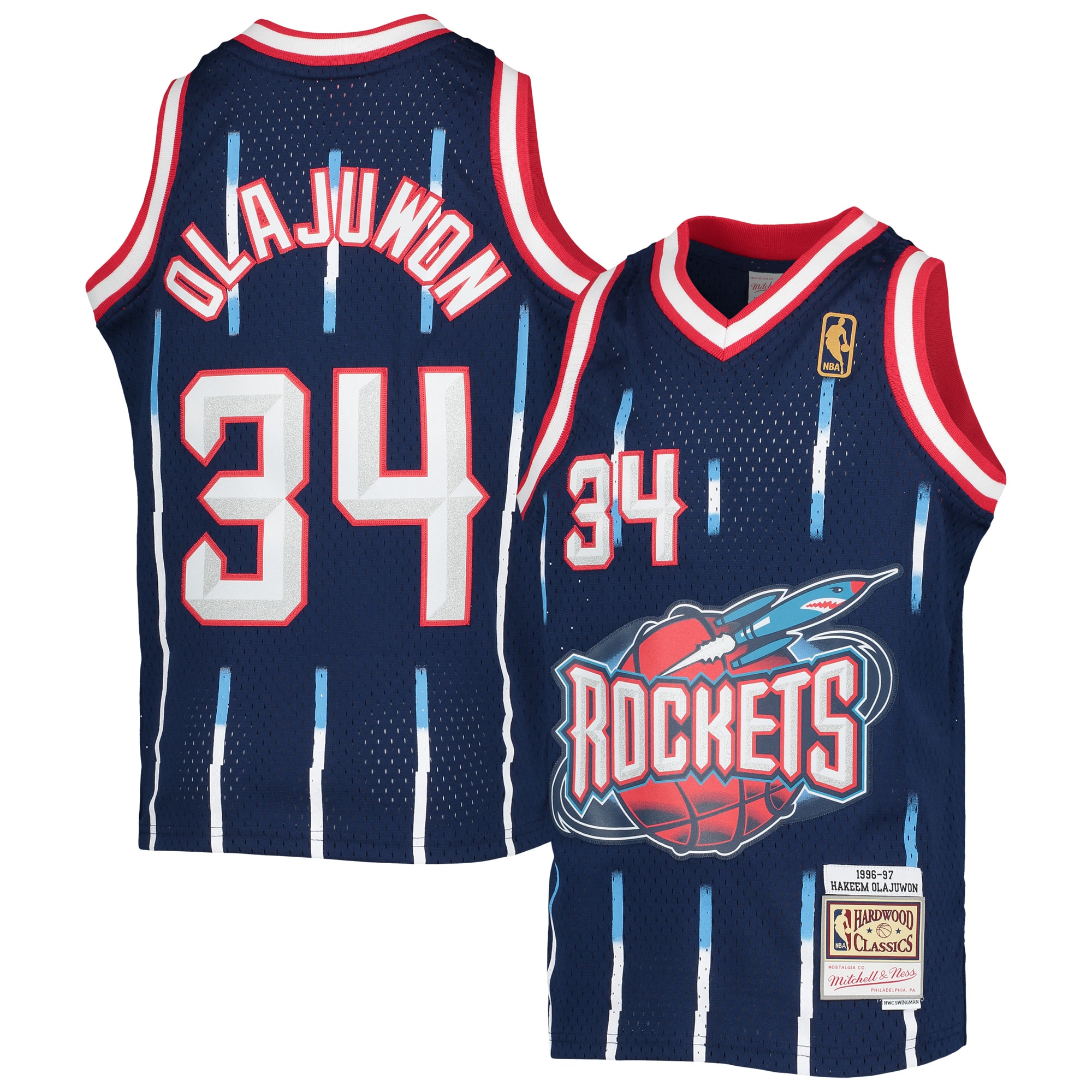 Hakeem Olajuwon Houston Rockets Mitchell & Ness Youth 1996-97 Hardwood Classics Swingman Jersey - Navy - vstockx