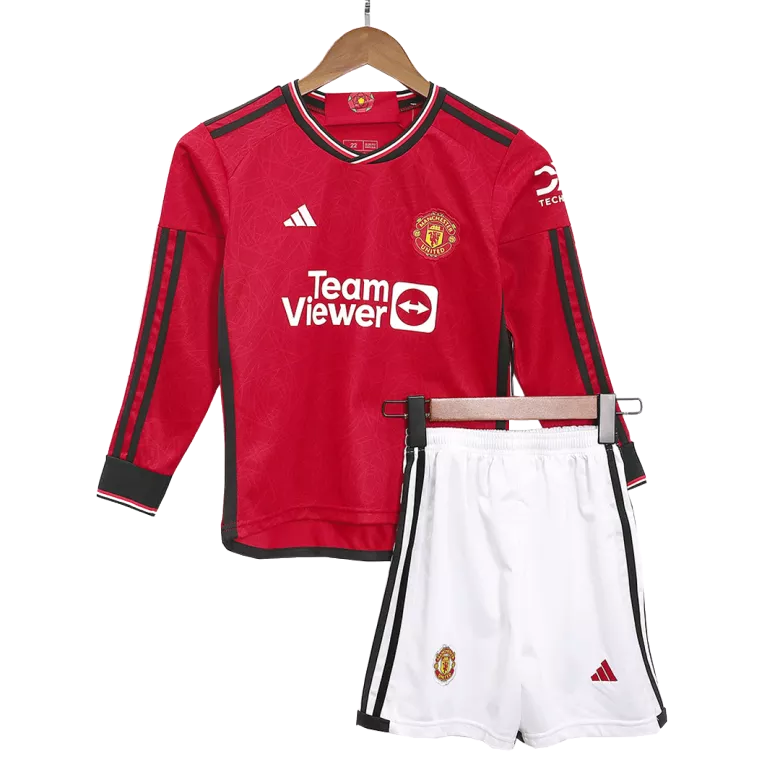 Manchester United Home Long Sleeve Kids Soccer Jerseys Kit 2023/24 - vstockx