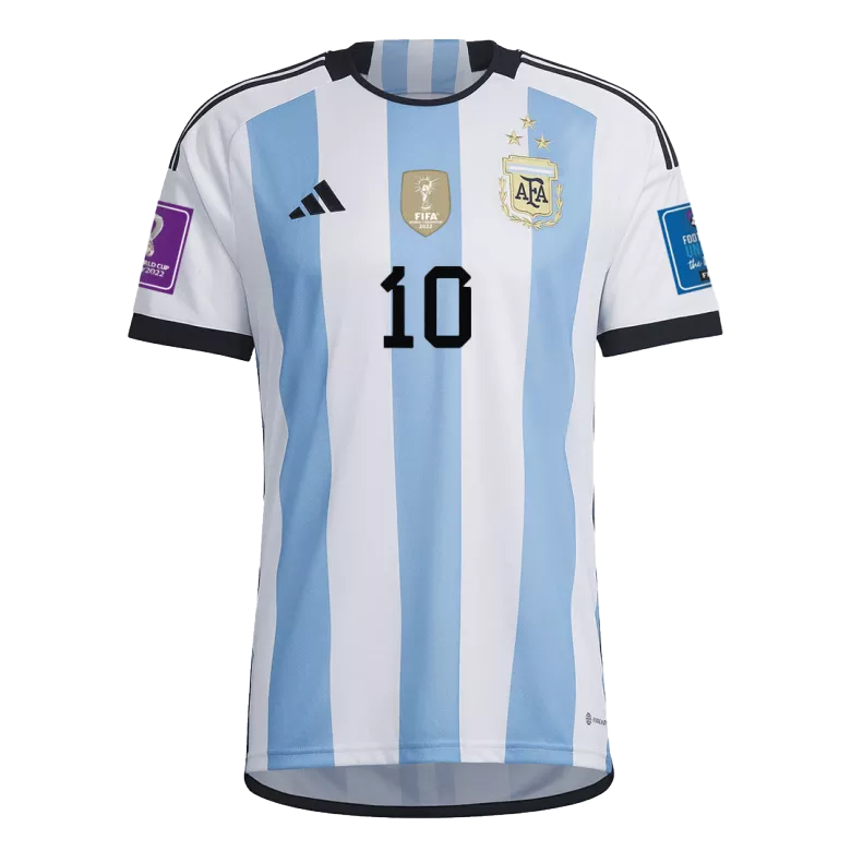 New SignMESSI #10 Argentina 3 Stars Home Soccer Champion Jersey 2022 - vstockx