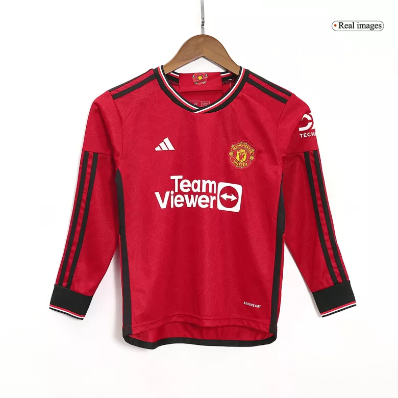 Manchester United Home Long Sleeve Kids Soccer Jerseys Kit 2023/24 - vstockx
