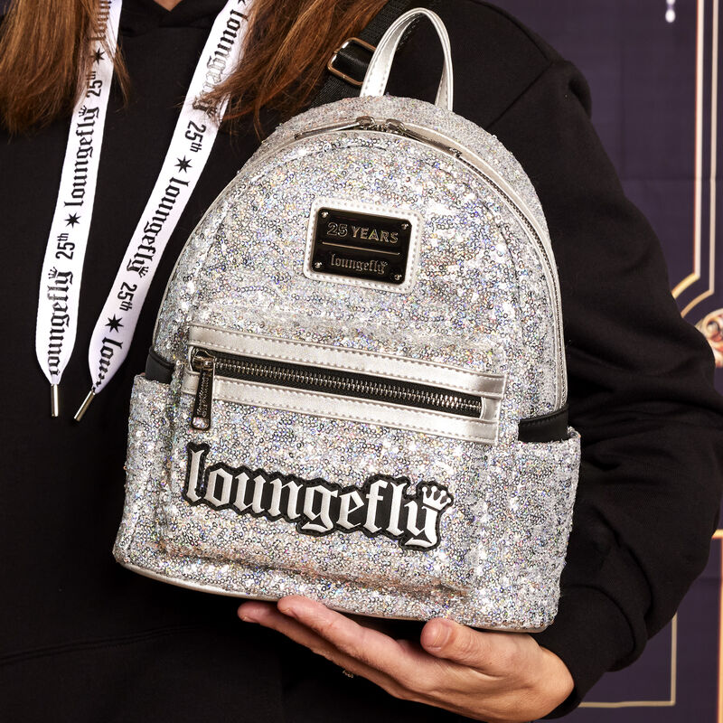 Loungefly 25th Anniversary Logo Holographic Silver Sequin Mini Backpack