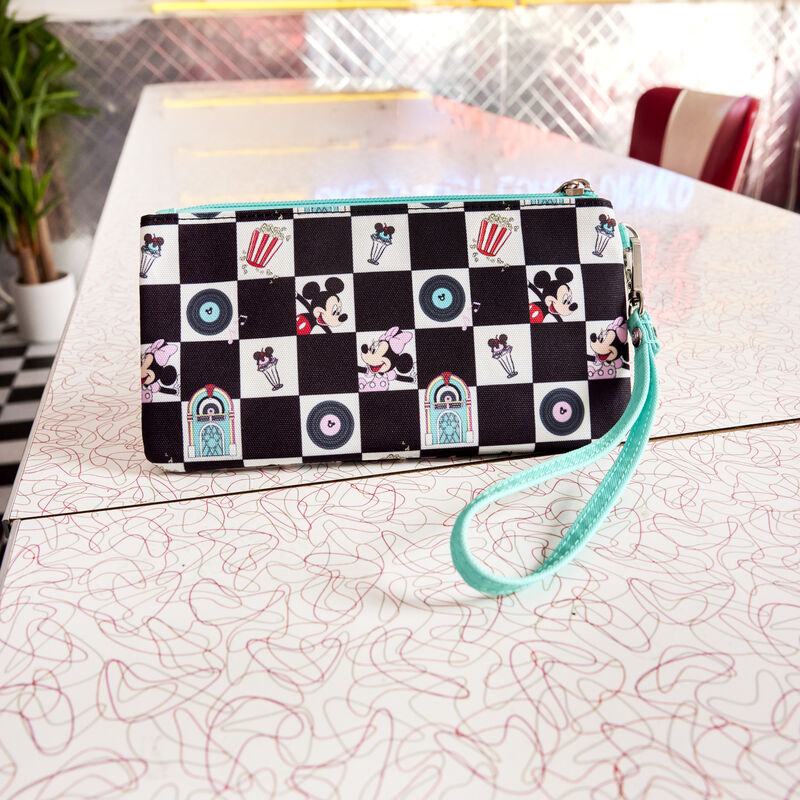 Mickey x26 Minnie Date Night Diner Checkered All-Over Print Nylon Zipper Pouch Wristlet