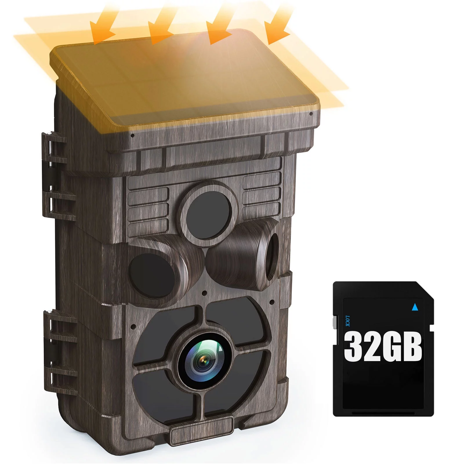 CAMPARK Solar Powered Trail Camera with SD Card, 24MP 1080P Game Camera with 3 PIR Sensor Motion Activated 0.1s Trigger Time Trail Hunting Cam with Night Vision IP66 Waterproof for Wildlife Monitoring