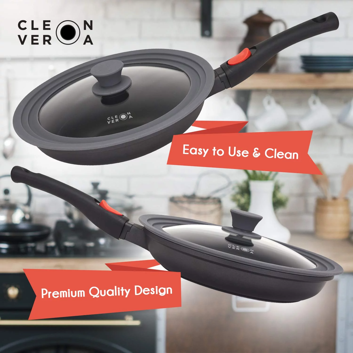 Cleverona Clever Universal Lid for 9.5, 10, 11 inch Pans, Flat Design for Easy Storage, Large, Dark Grey