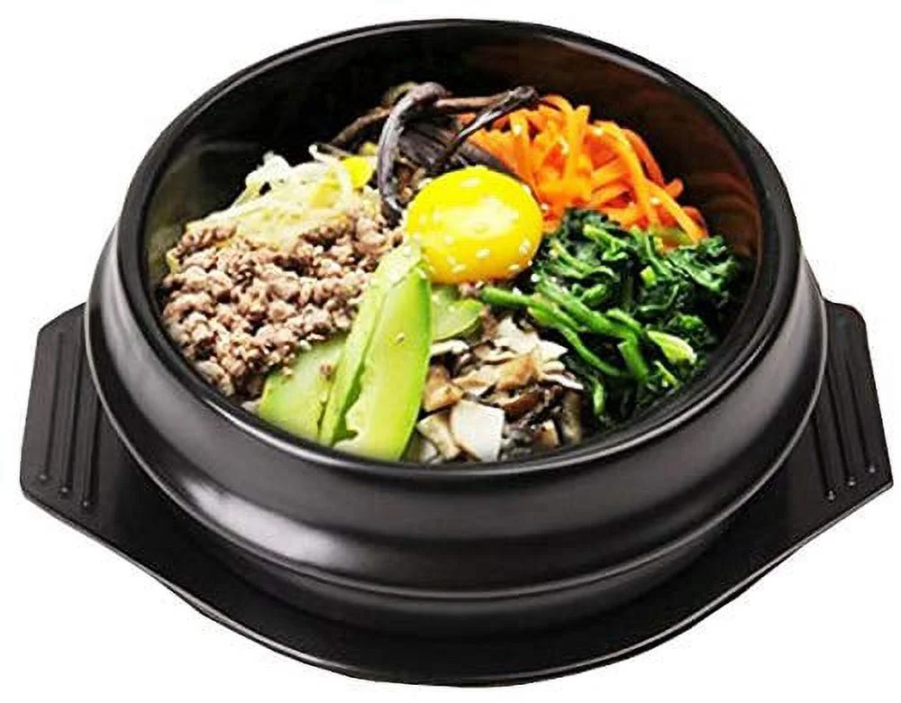 Black Dolsot / Stone Bowl w/ Black Tray for Hot Pot / Bibimbap & Korean Food (6.25 inch (38 oz))
