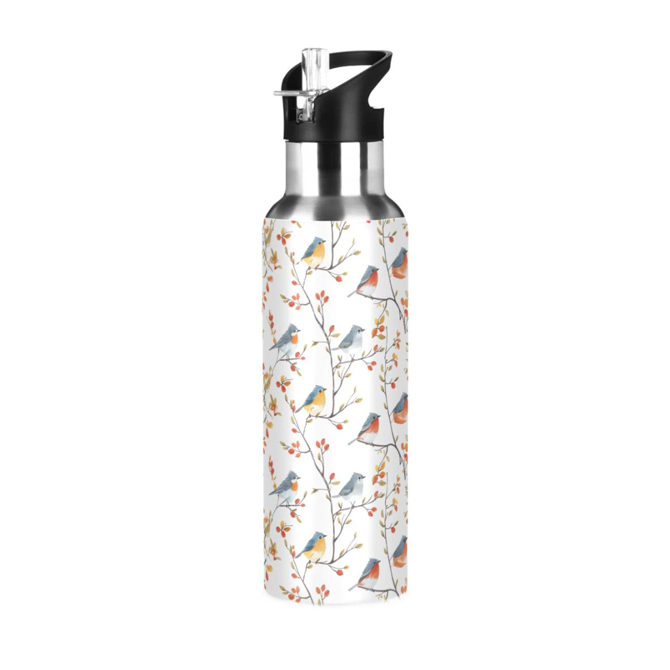 Birds on Branches Water Bottles Insulated Thermos Kids Stainless Steel Bottle with Straw Lid Flask Leakproof for Sports Gym 20 oz