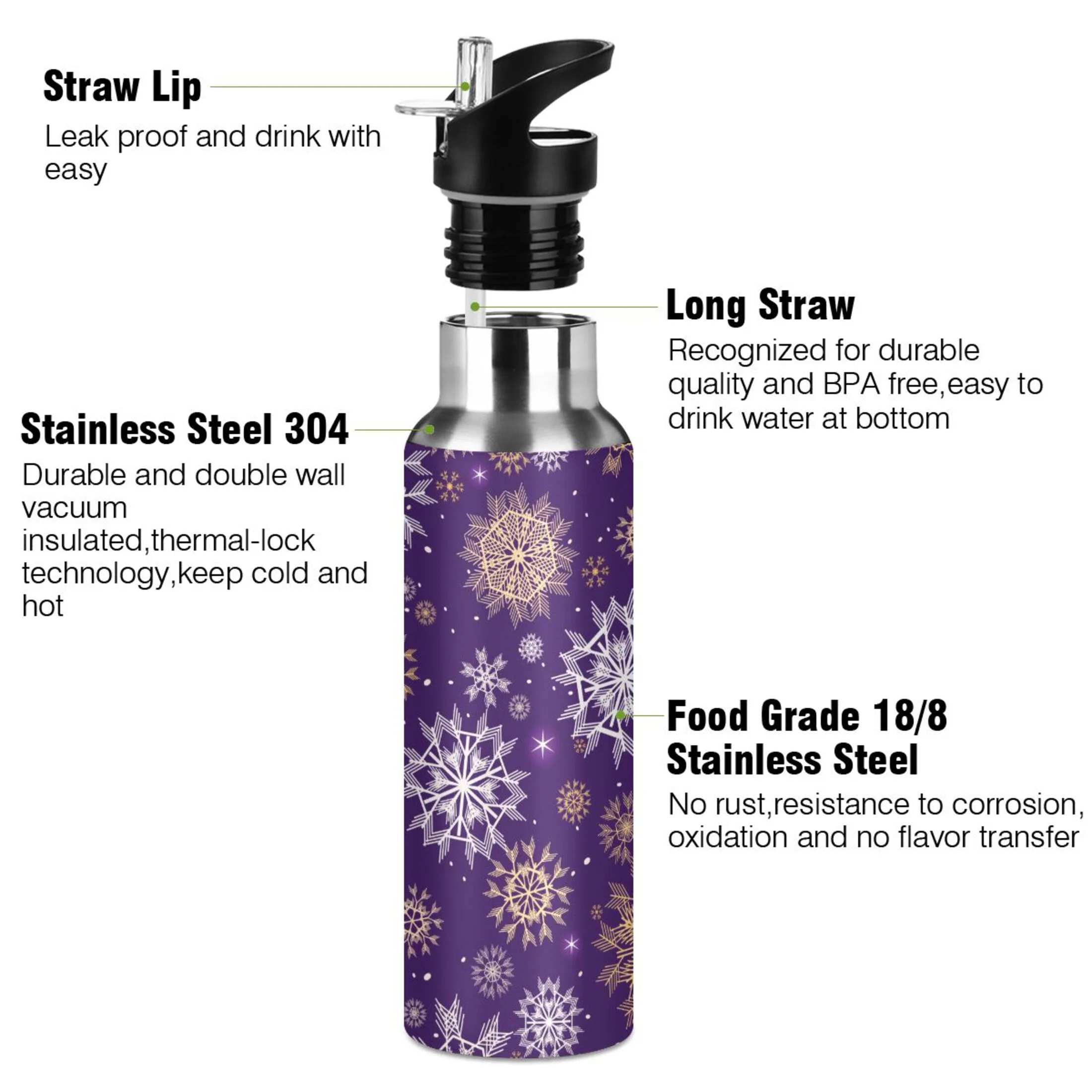 Water Bottle with Straw Lid Leak Christmas with Snowflakes on Violet Stainless Steel Insulated Thermos Vacuum Flask for Cold Hot Drinking for Sports Camping Gym Yoga