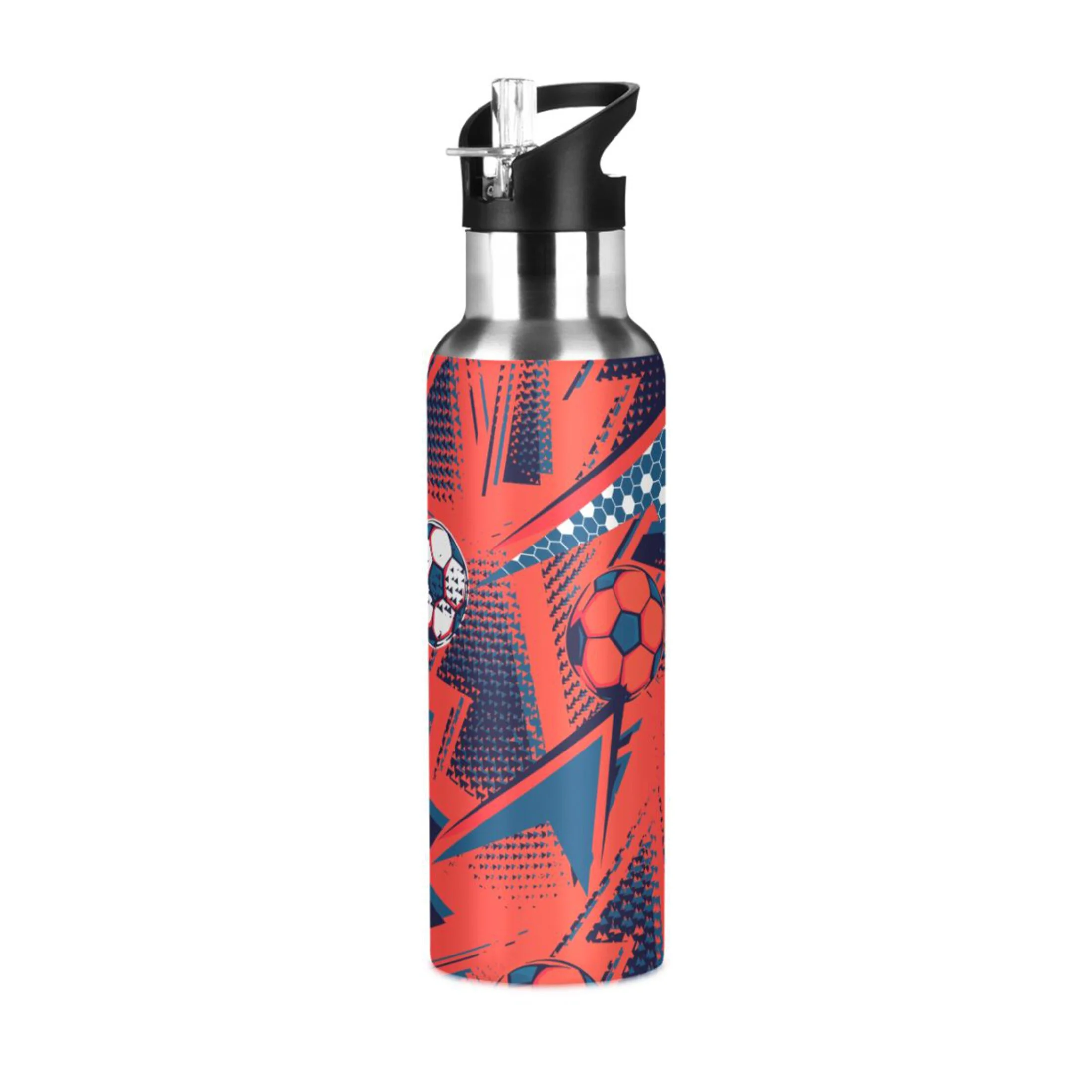 Water Bottle with Straw Lid Leak Red-blue Football Stainless Steel Insulated Thermos Vacuum Flask for Cold Hot Drinking for Sports Camping Gym Yoga