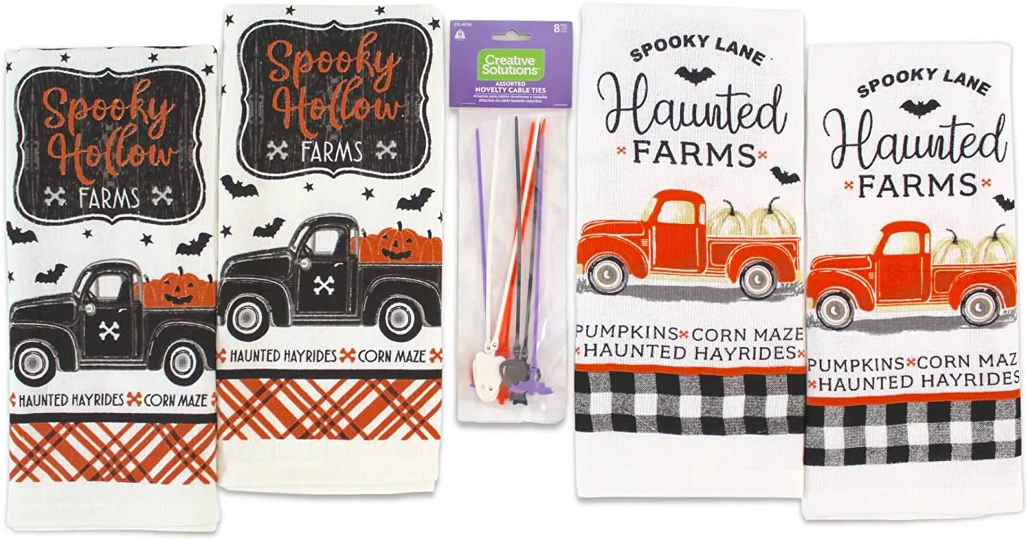 Serafina Home Halloween Kitchen Dish Towel Set: Spooky Hollow Haunted Black and Spooky Lane Orange Trucks with Plaid Border
