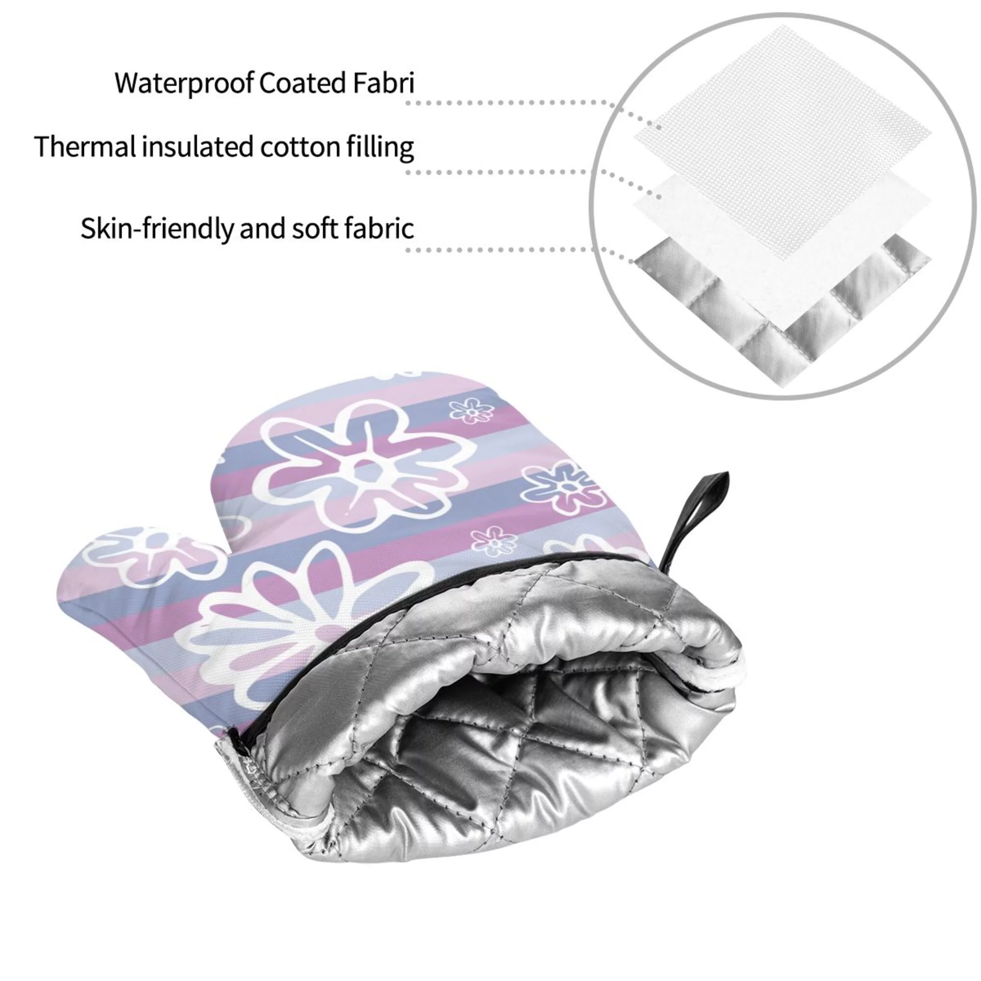 Purple Striped Flowers Oven Mitts and Pot Holders Sets Baking Sets for Kitchen BBQ Gloves Heat Resistant Cooking Line Art 4 Pieces
