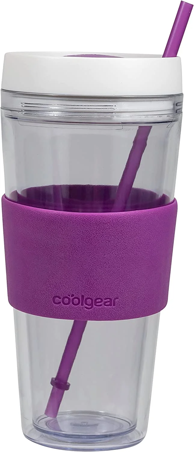 4 Pack 24 Oz Callisto Clear Chiller With Straw And Band | Dual Function Closure Colored Re-Usable Water Bottle - Teal/Purple//Blue