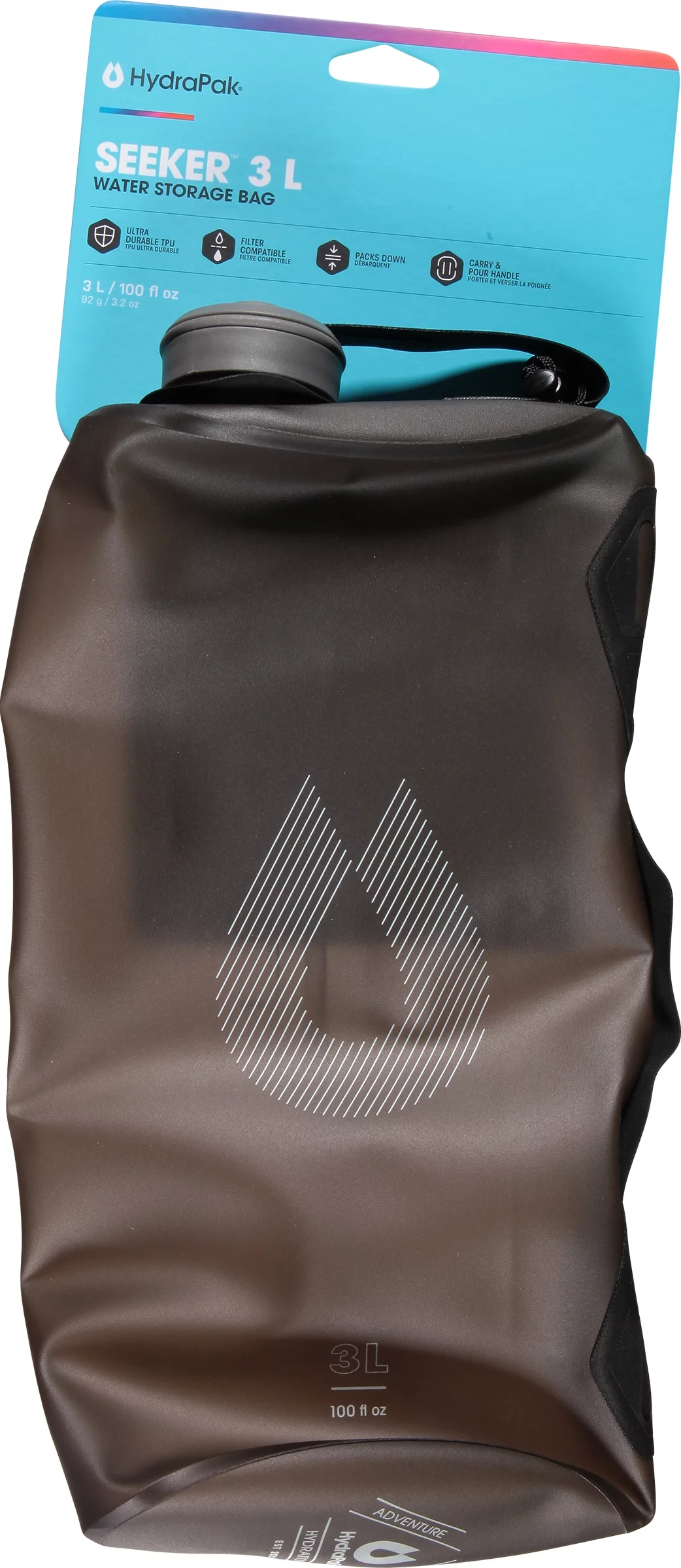 HydraPak Seeker Water Bottle, Mammoth Grey, 3L/100 oz.,
