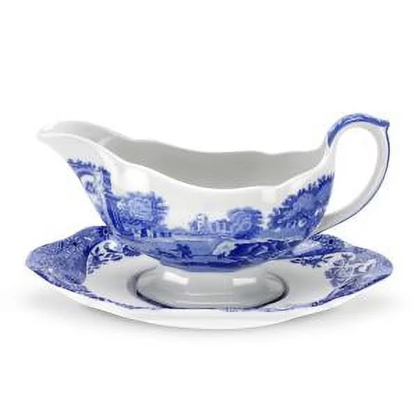 Spode Blue Italian Sauce Boat and Stand, 9 oz - Blue White