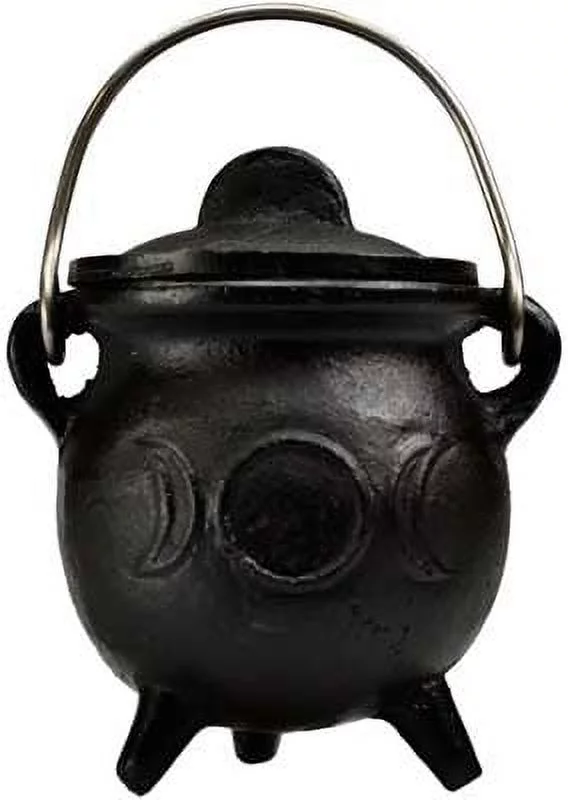 AzureGreen Magical Jewelry Pot Baby Cast Iron Cauldron Triple Moon with Lid and Handle 3