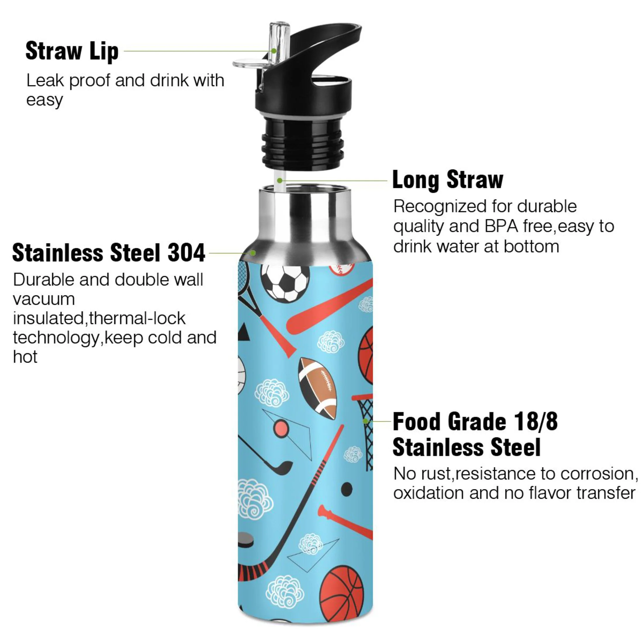 Water Bottle with Straw Lid Leak Sport Pattern Ball Stainless Steel Insulated Thermos Vacuum Flask for Cold Hot Drinking for Sports Camping Gym Yoga