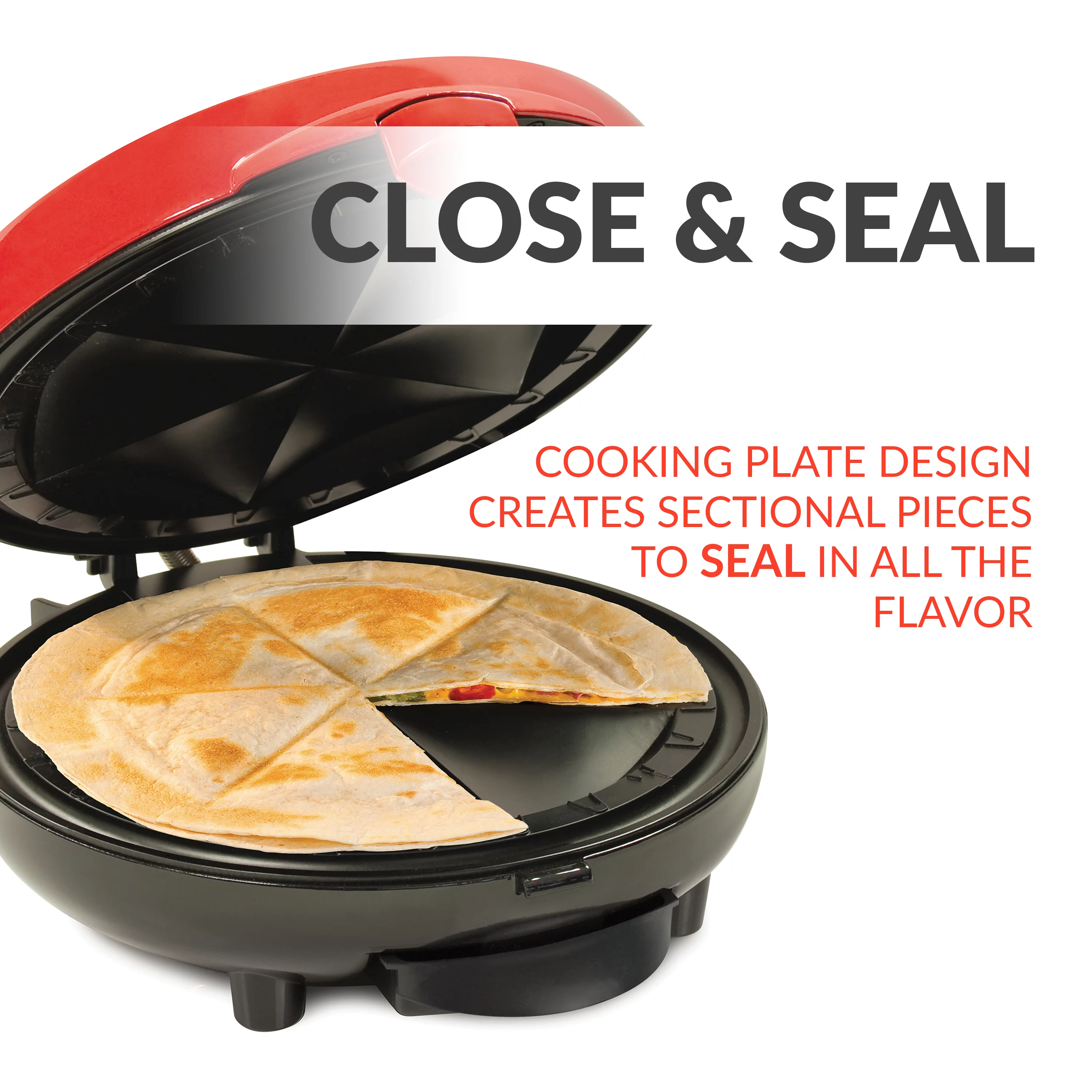 Taco Tuesday TCTEQM8RD 6-Wedge Electric Quesadilla Maker with Extra Stuffing Latch