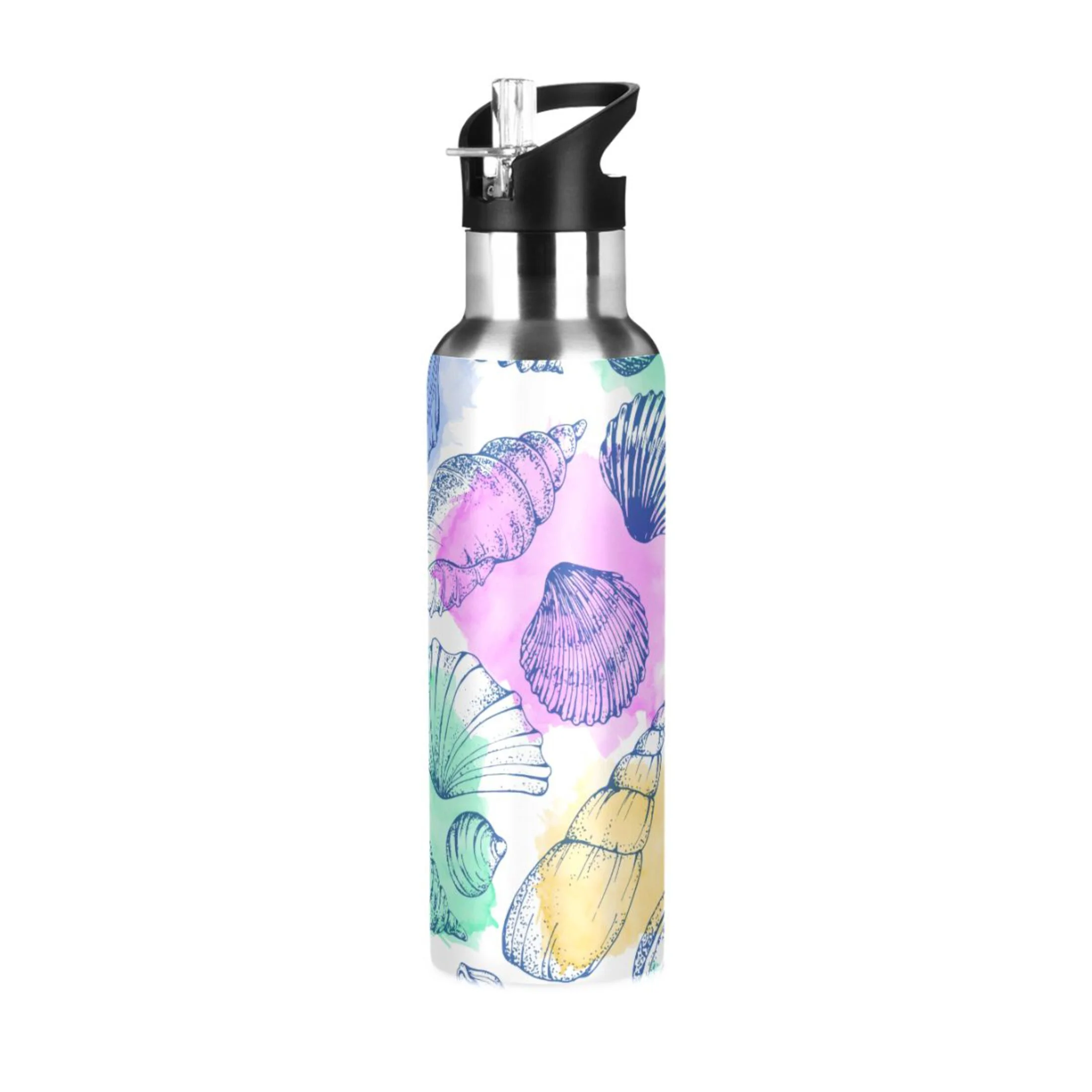 Water Bottle with Straw Lid Leak Colorful Seashells Stainless Steel Insulated Thermos Vacuum Flask for Cold Hot Drinking for Sports Camping Gym Yoga