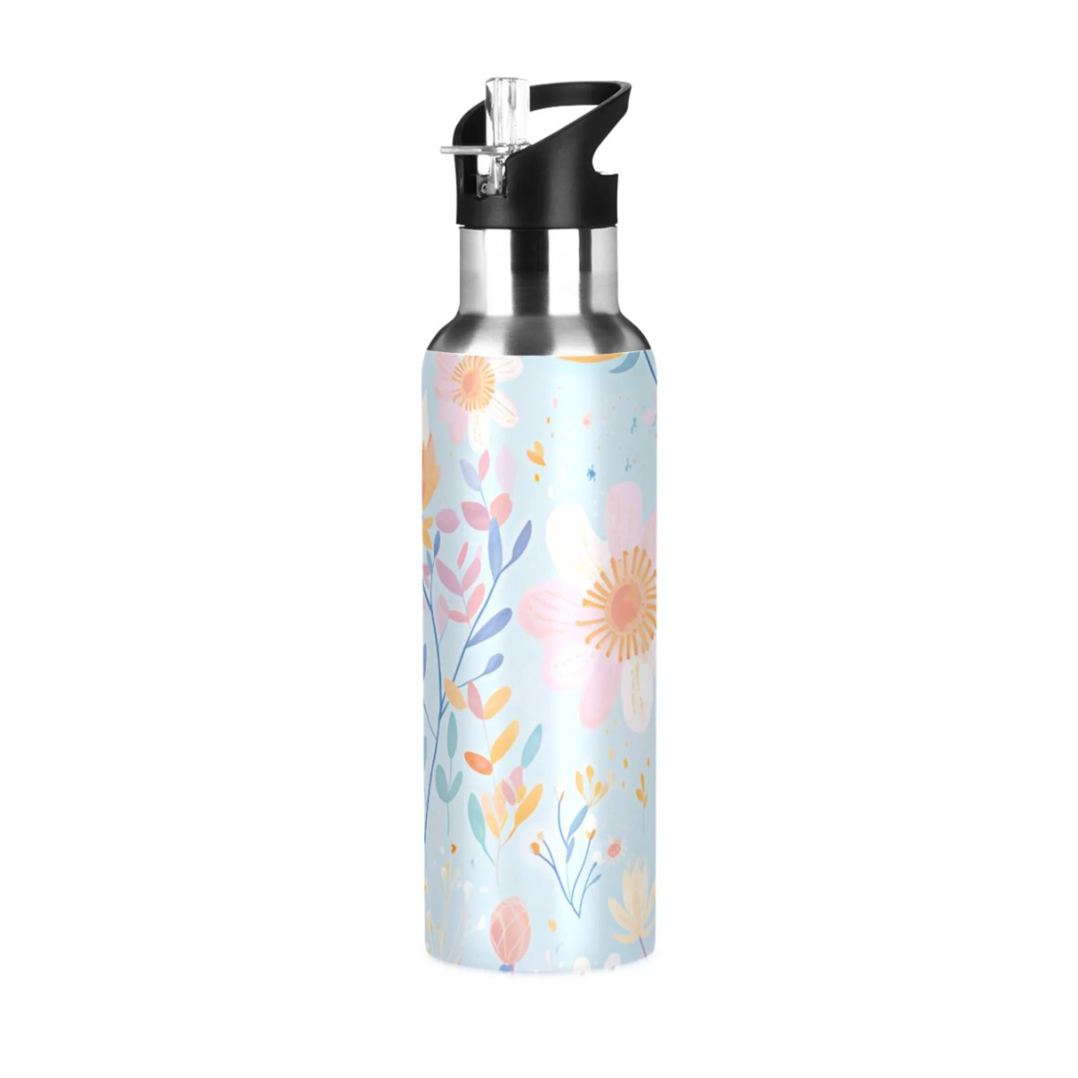 Daisy Floral Water Bottles Insulated Thermos Kids Stainless Steel Bottle with Straw Lid Flask Leakproof for Sports Gym 20 oz