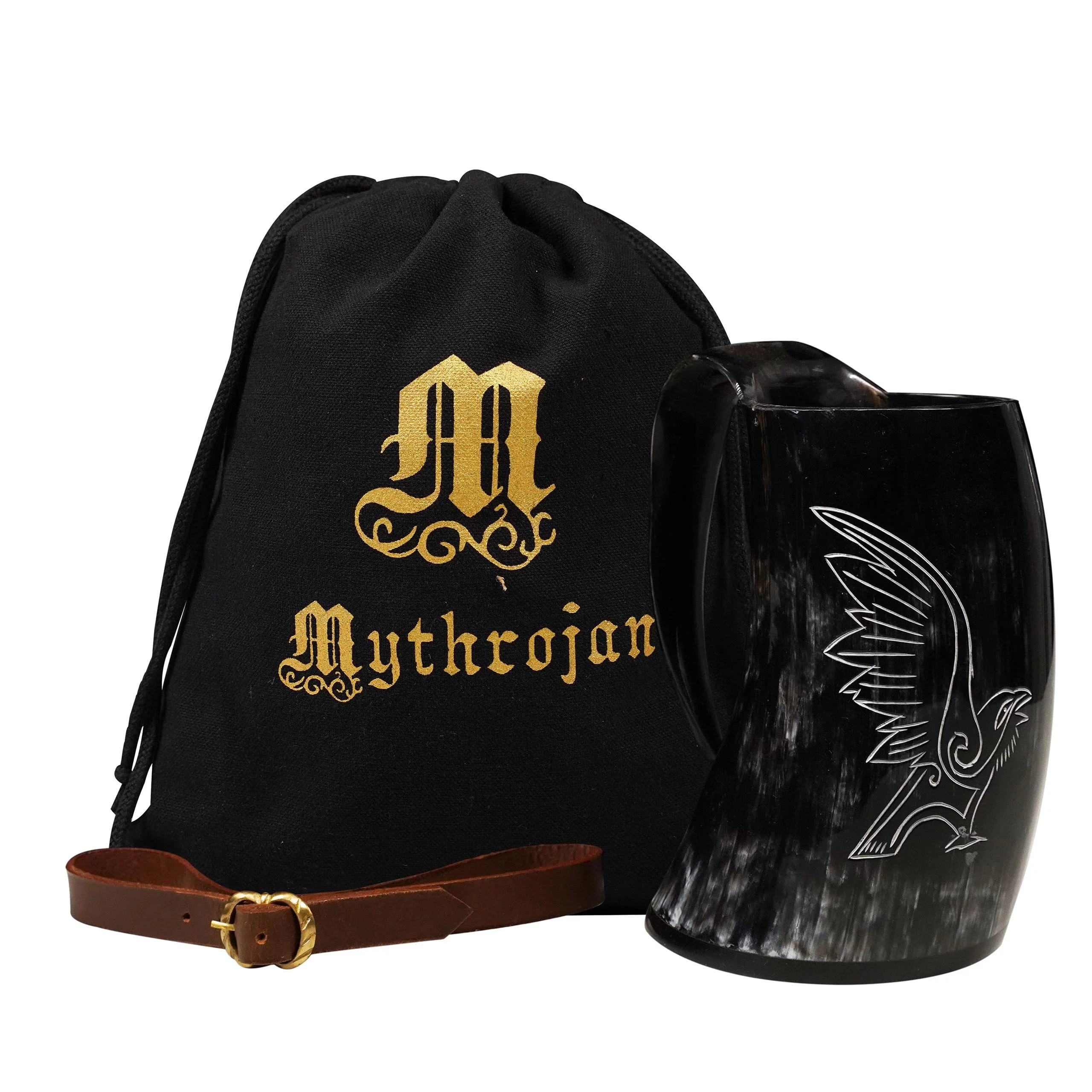Mythrojan Viking Drinking Tankard with Medieval Buckle Leather Strap Wine Beer Mead Mug 800 ML - Polished Finish