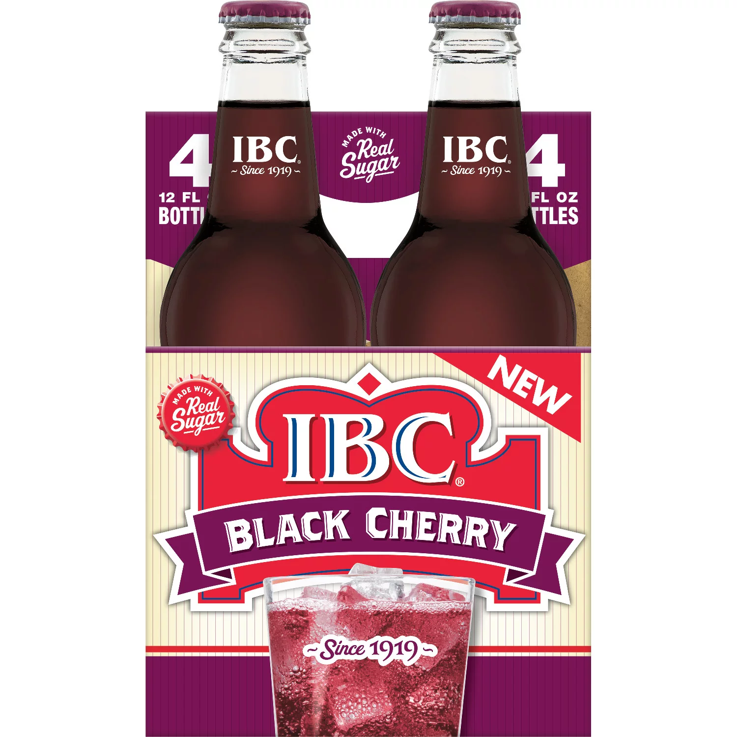 IBC Black Cherry Made with Sugar Soda, 12 fl oz, 4 Pack Glass Bottles