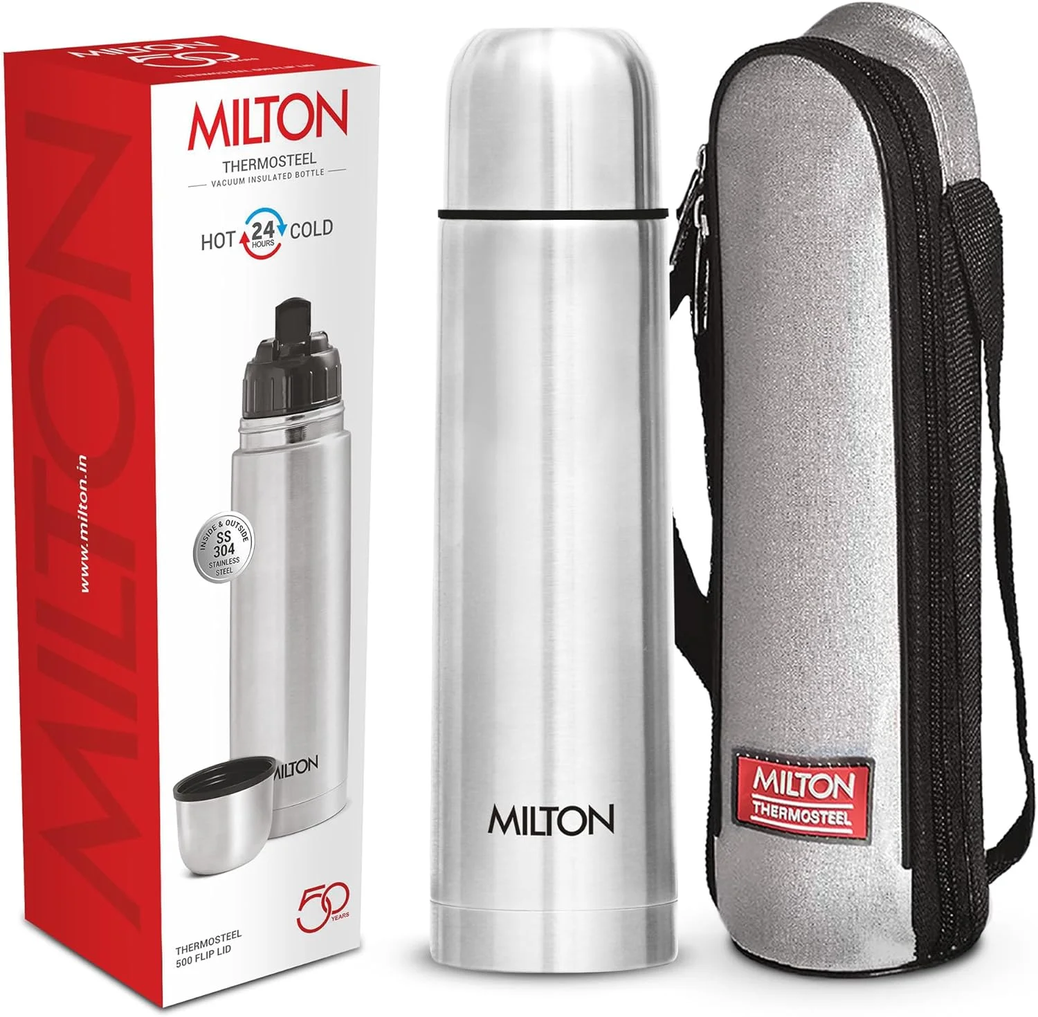 Milton Flip Lid 500 Thermos 24 Hours Hot and Cold Water Bottle,1 Piece, 500 ml, Silver