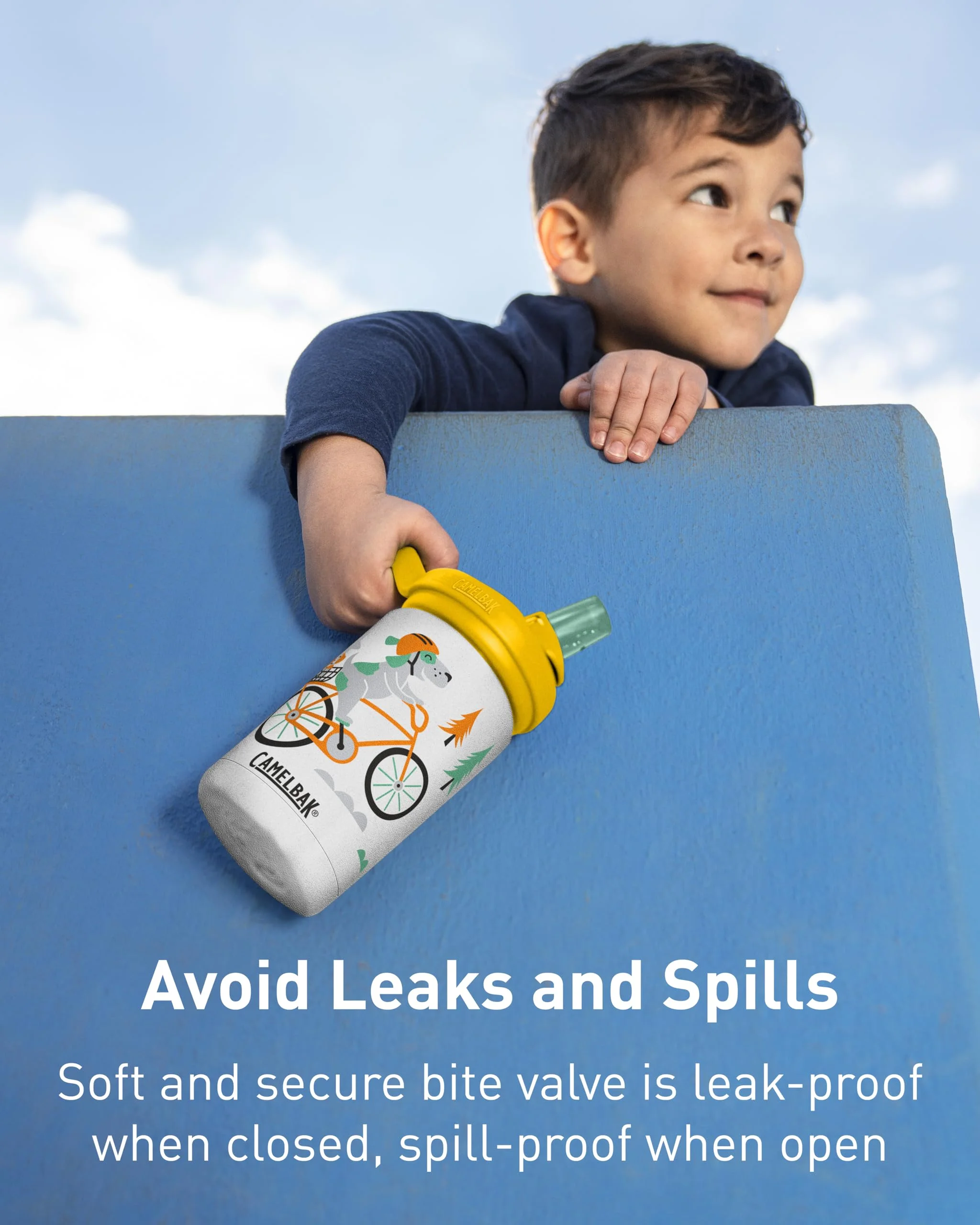 CamelBak eddy+ Kids Water Bottle with Straw, Insulated Stainless Steel - Leak-Proof when Closed, 12oz, Biking Dogs