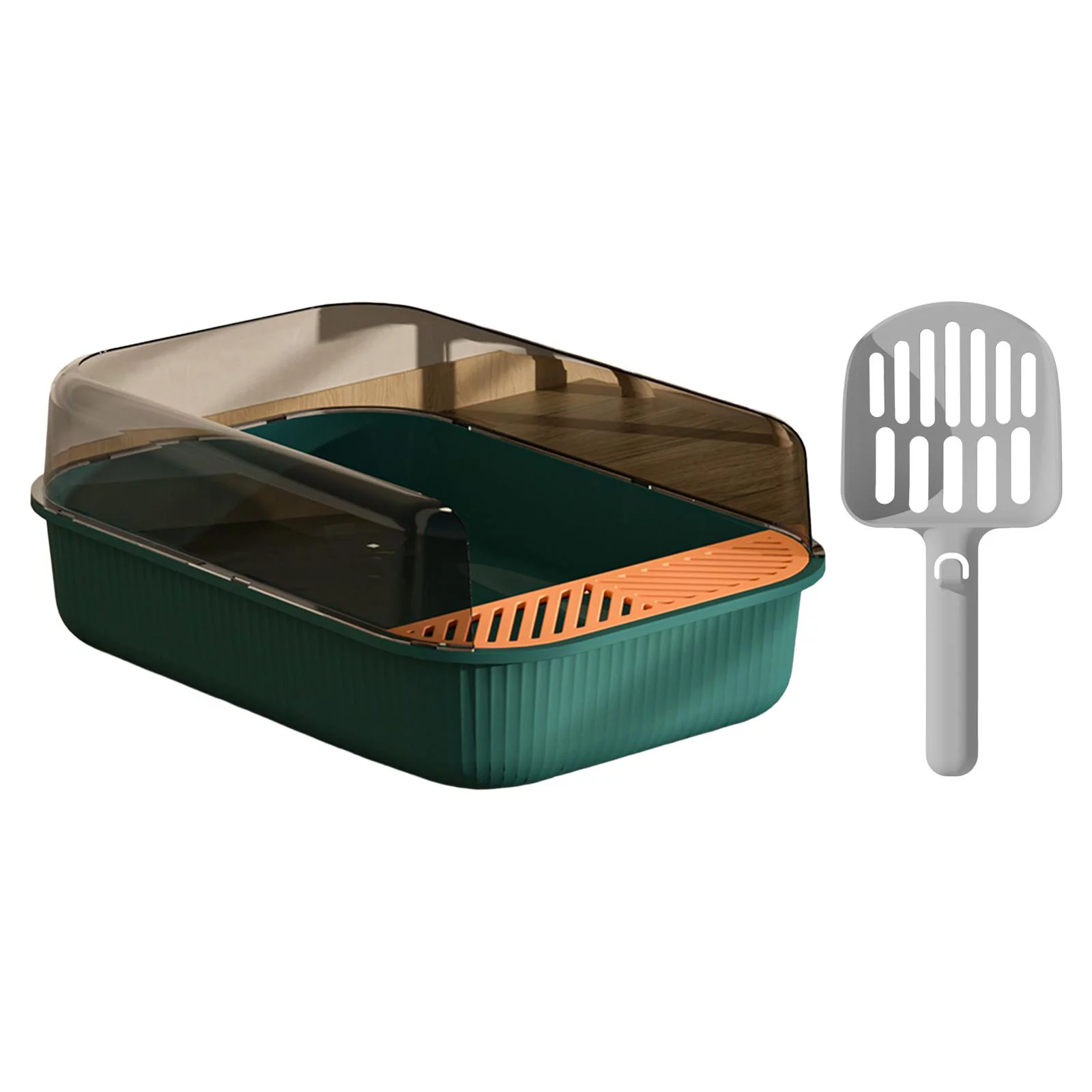 Open Top Pet Litter Tray Toilet Pan Bedpan Deep Loo Easy to Clean Container with Cat for Puppy, Small Animals, Rabbit Green