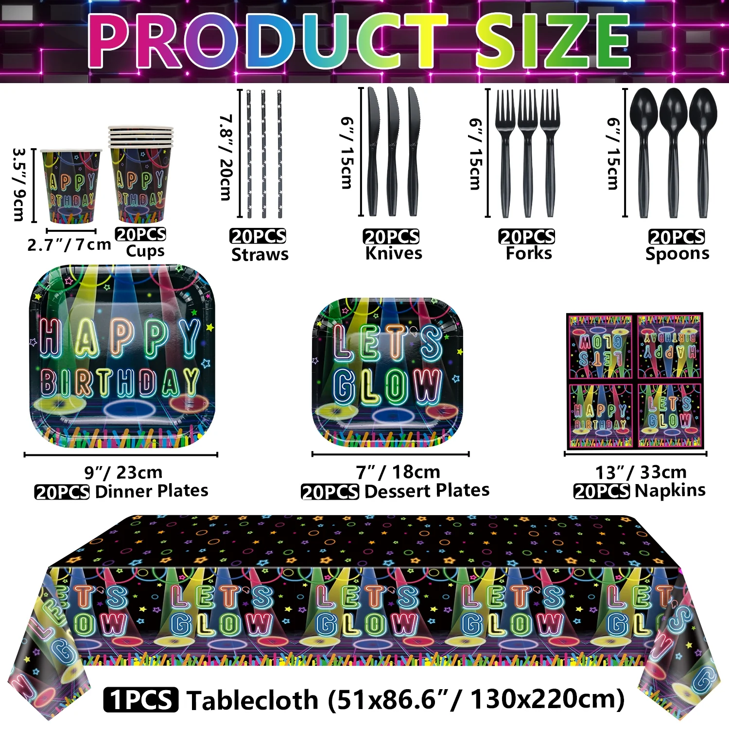 Glow Neon Party Supplies, include Glow in the Dark Happy Birthday Banner, Neon Balloons, Tablecloth, Plates, Cups, Napkins, Cake Toppers for Glow in The Dark Birthday Party Supplies, Serves 20 Guests