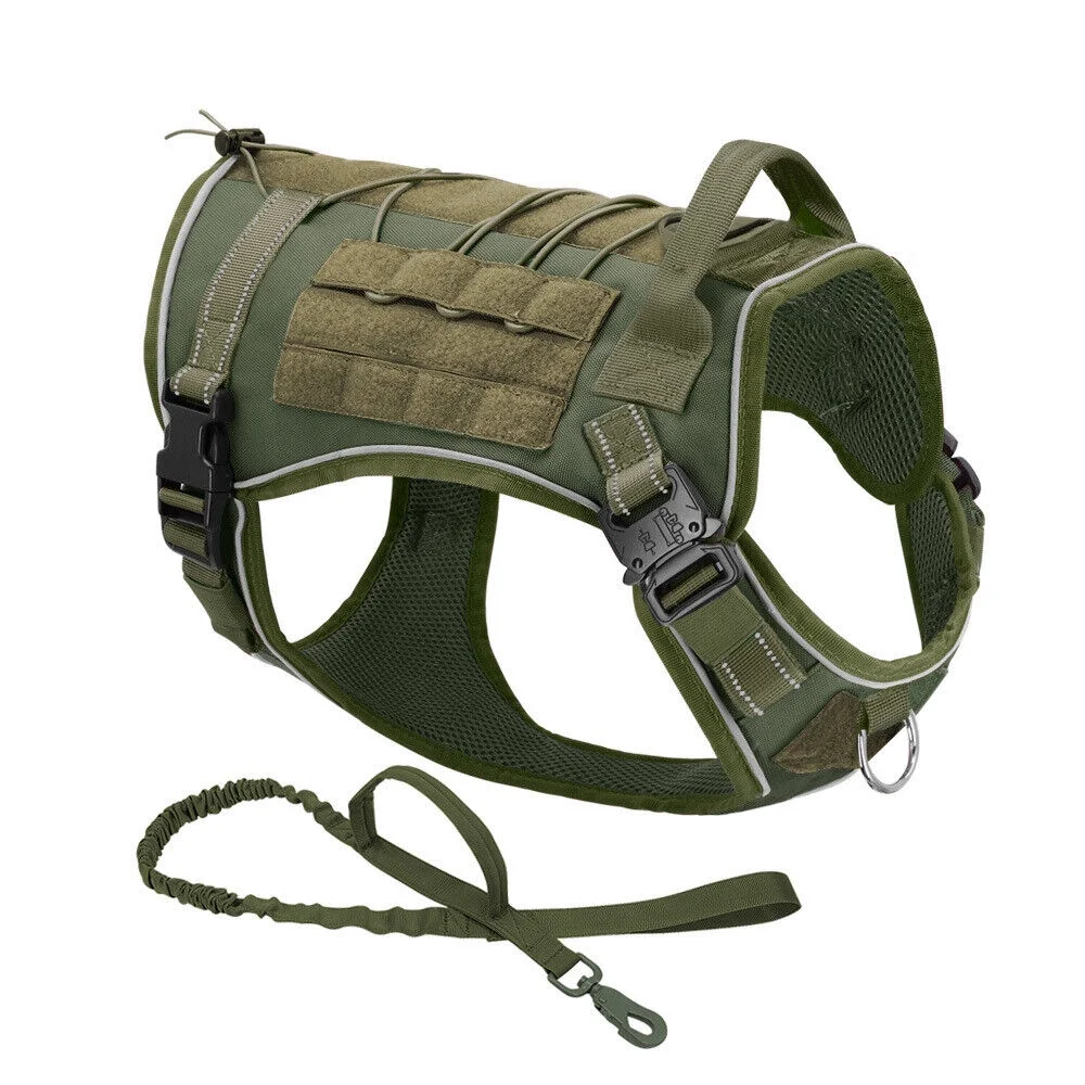 Military-Style Tactical Dog Harness Leash No-Pull Design Reflective Elements