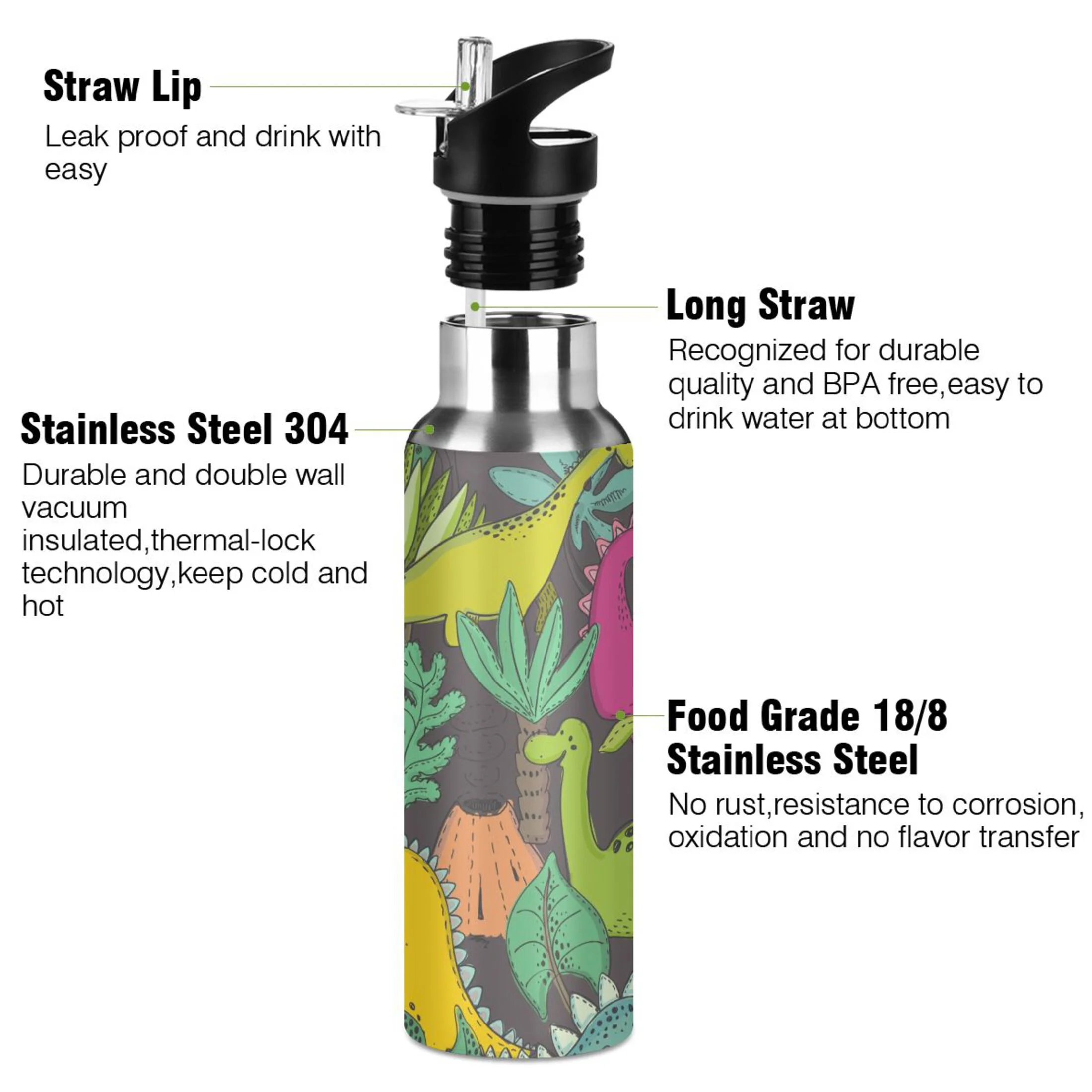 Stainless Steel Water Bottle Cartoon Dinosaur and Woods with Straw Lid Vacuum Insulated Keeps Hot and Cold Leak Proof Flask Jug for Gym Travel Sports Cycling Outdoor 20 OZ