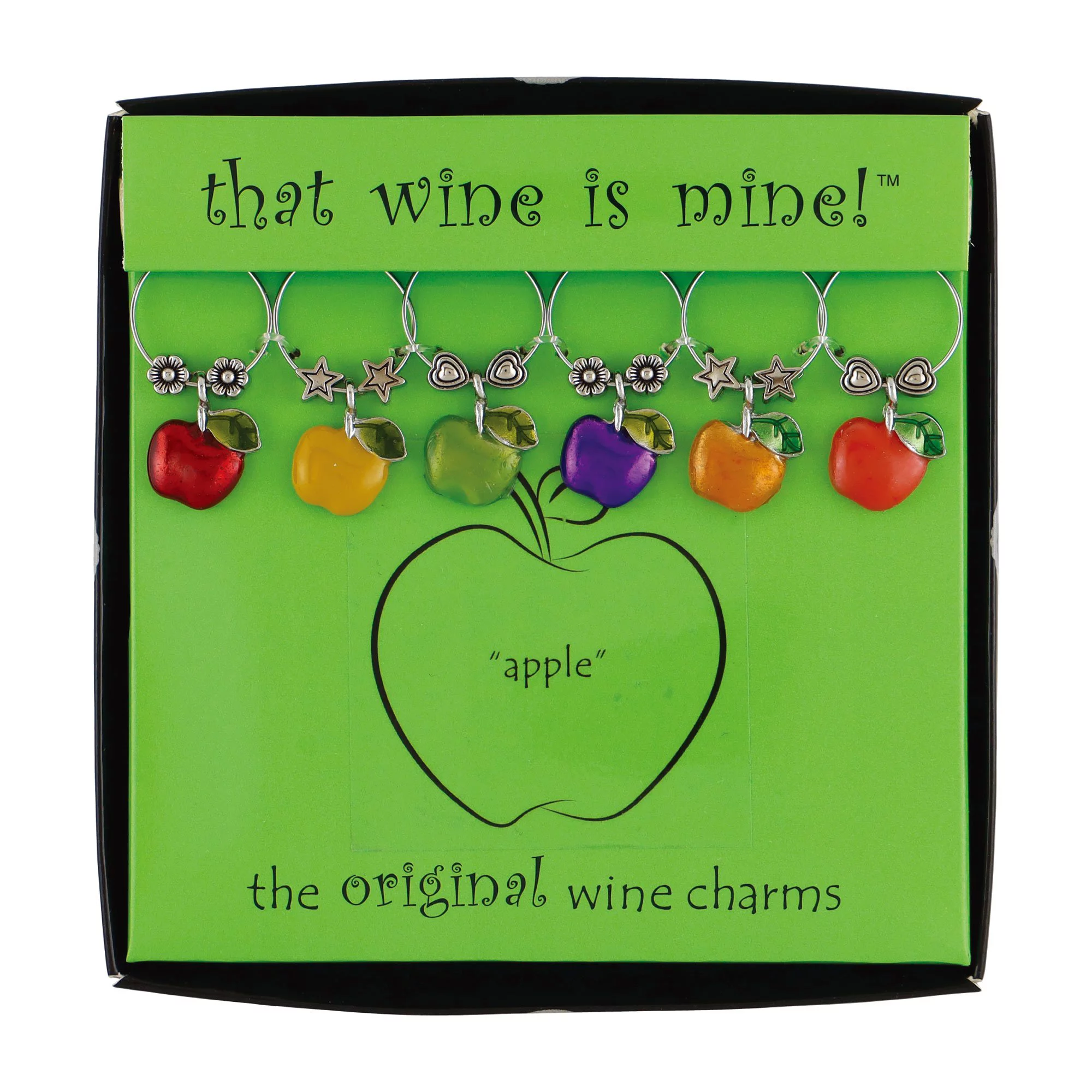 Wine Things 6-Piece Wine Charms/Wine Glass Tags/Drink Markers for Stem Glasses, Wine Tasting Party (Apple)