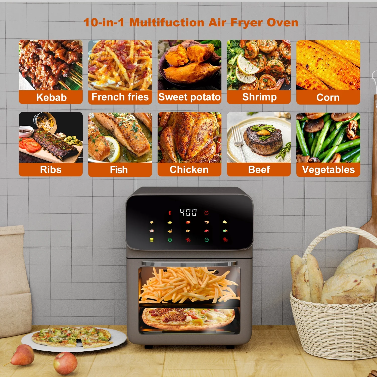 Evo Chef Air Fryer 12QT Convection Oven with Visible Window, 10-in-1 Multi Function and Touchscreen, Gray