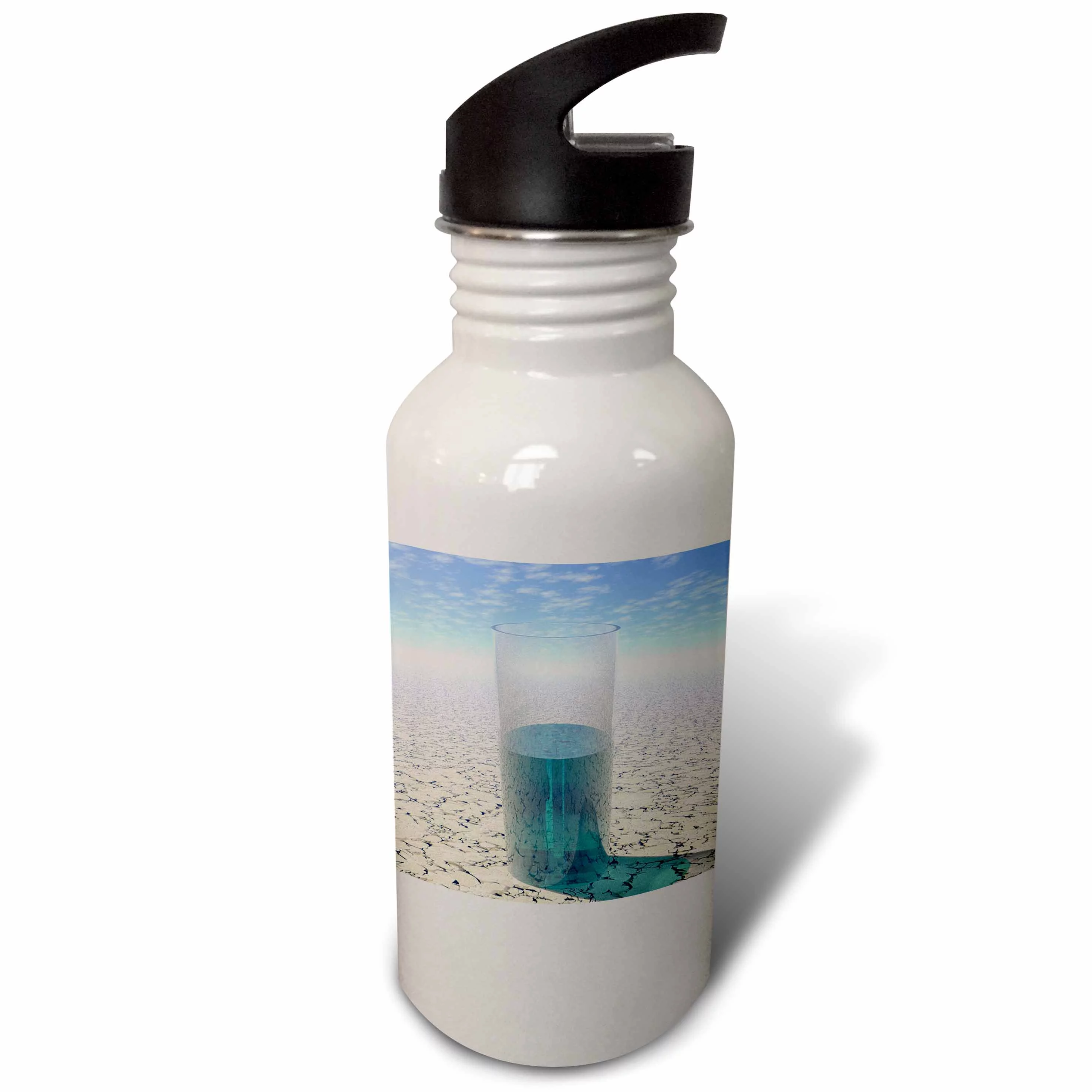 Glass of Water shows a half full glass of water on parched desert surface under sun 21 oz Sports Water Bottle wb-19470-1