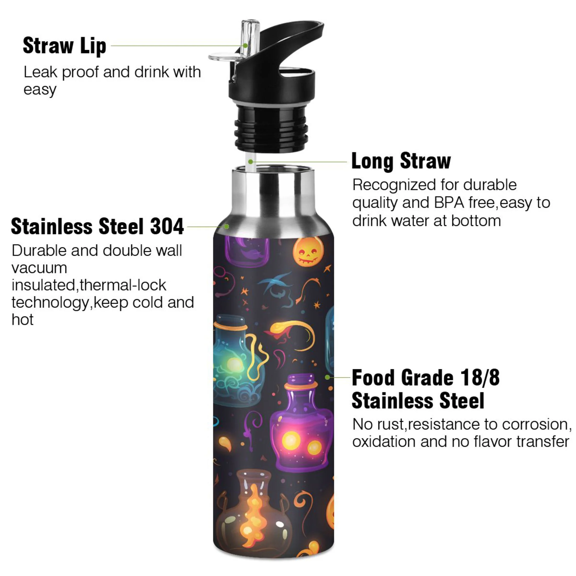 Water Bottle with Straw Lid Leak Pumpkins on Halloween Stainless Steel Insulated Thermos Vacuum Flask for Cold Hot Drinking for Sports Camping Gym Yoga